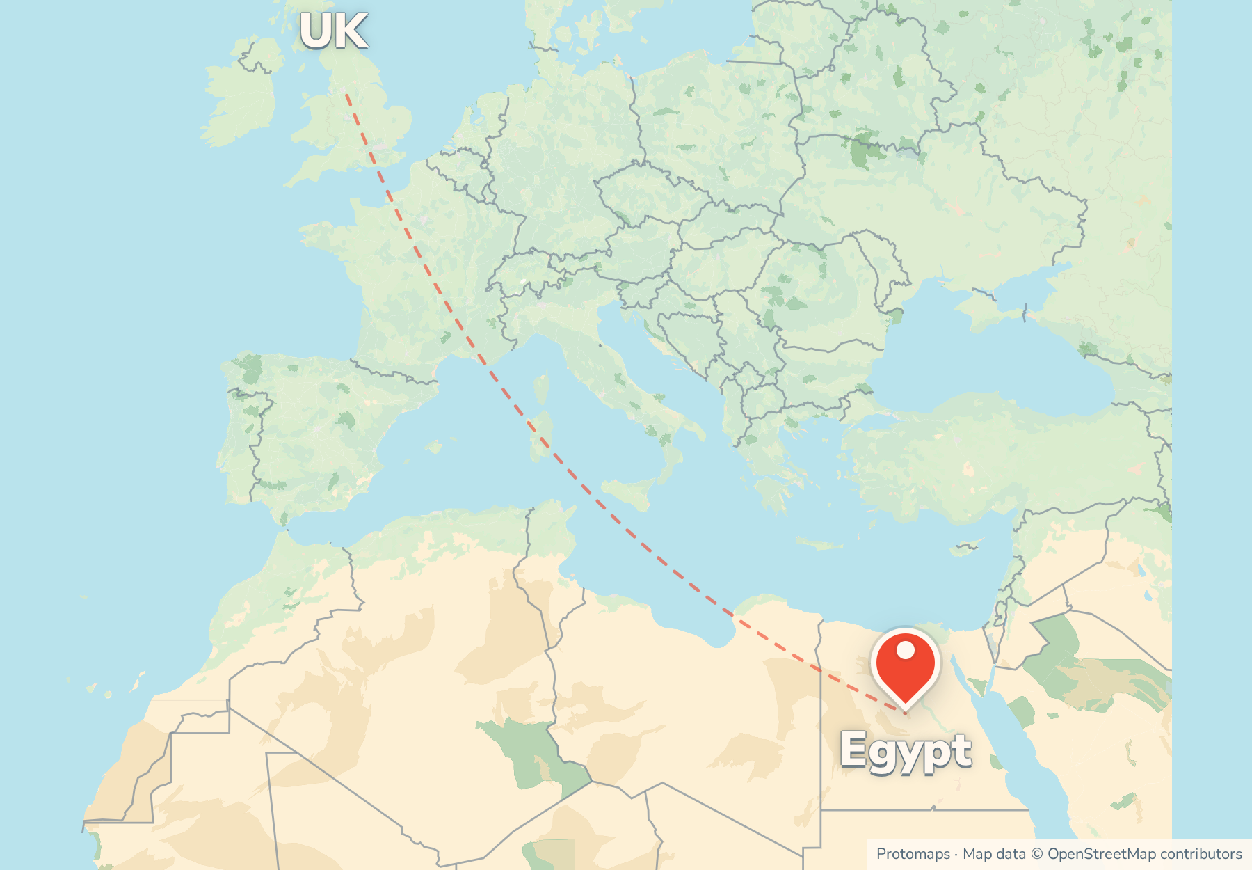 Map of the route from the UK to Egypt, with Egypt marked