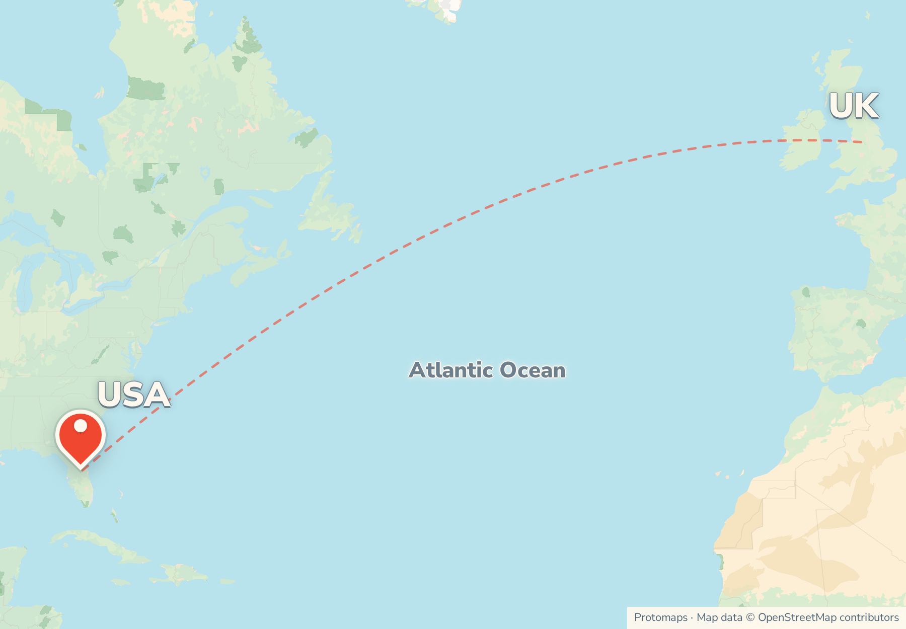 Locator map showing Florida on the south-east coast of the United States, with the UK across the Atlantic to the north-east.