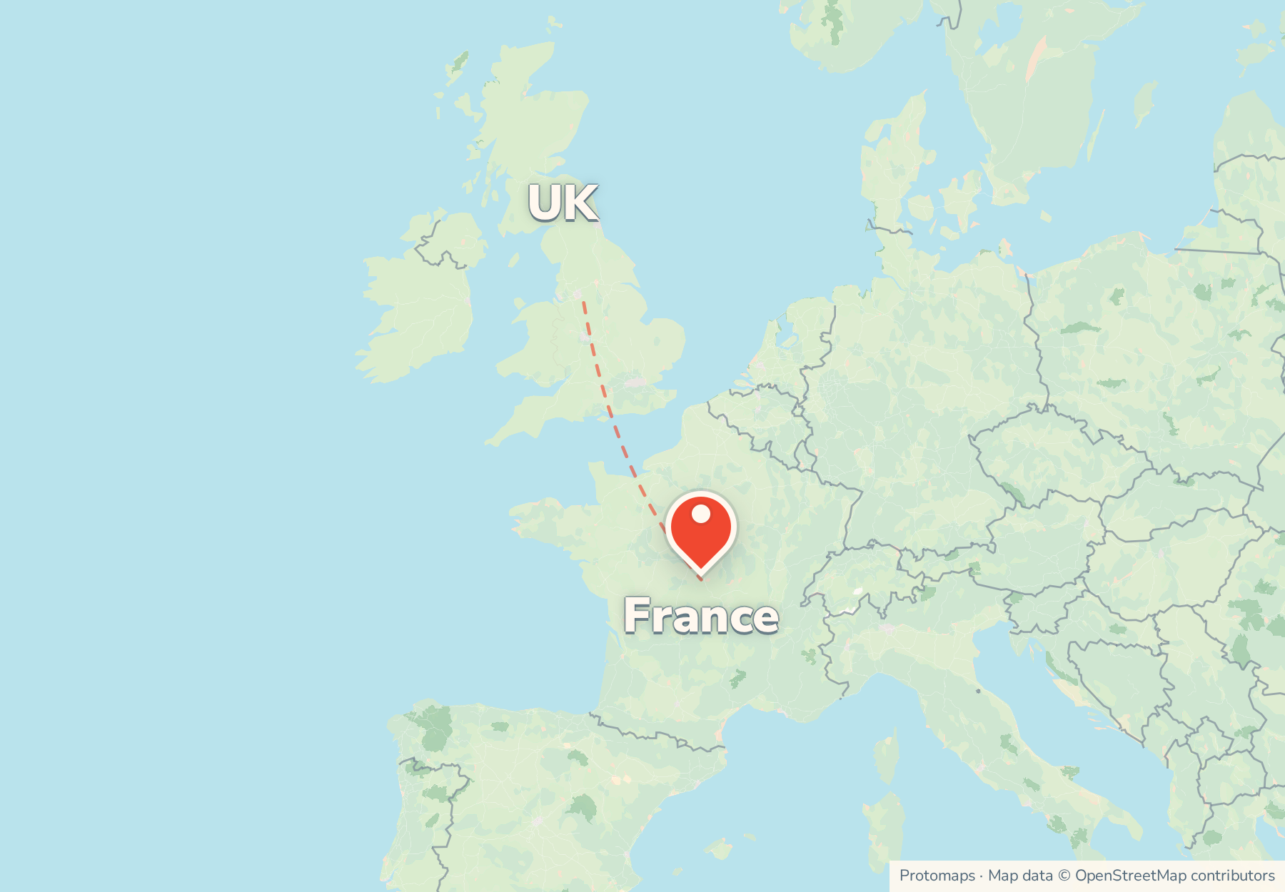 Map of the route from the UK to France, with France marked
