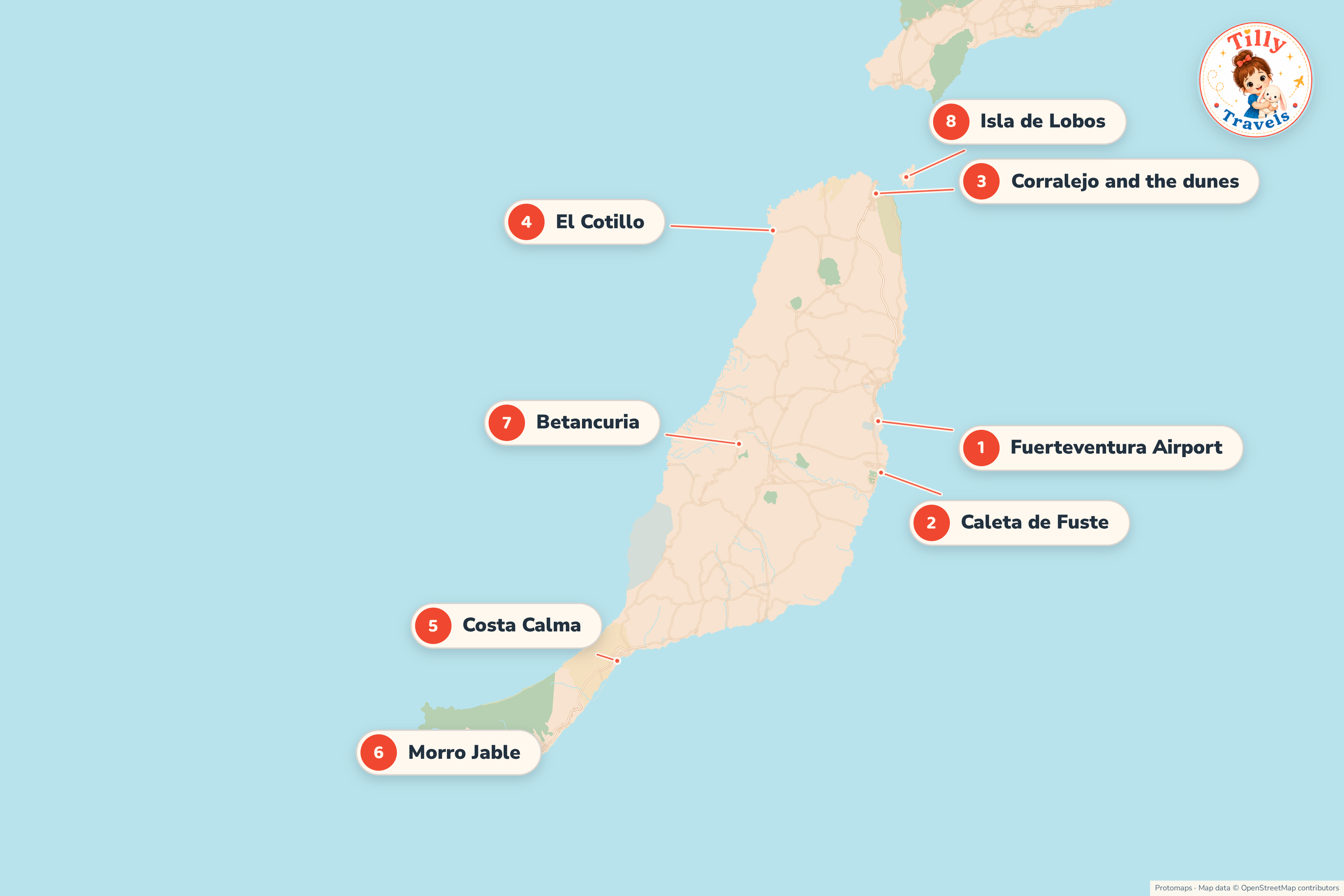 Map of Fuerteventura showing the main family areas, the airport and the bigger days out, with Lanzarote visible to the north.