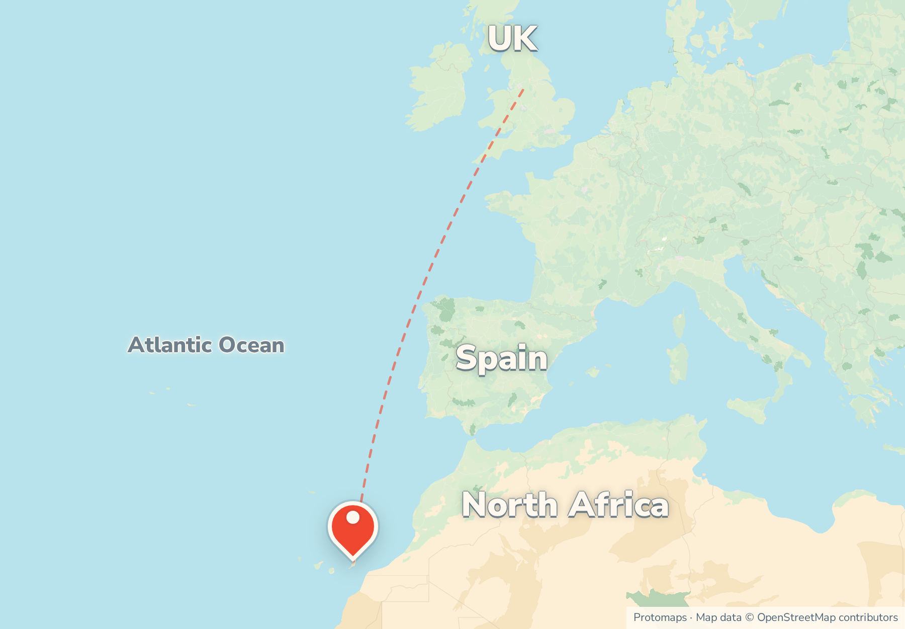 Locator map showing Fuerteventura in the Canary Islands off the north-west African coast, with Spain and the UK to the north.