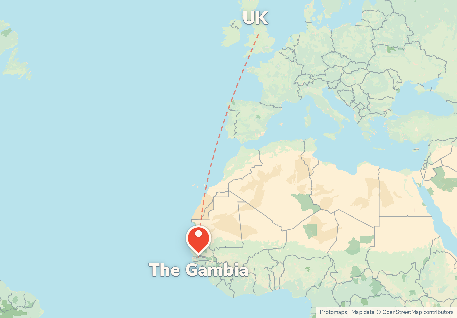 Map of the route from the UK to The Gambia, with The Gambia marked