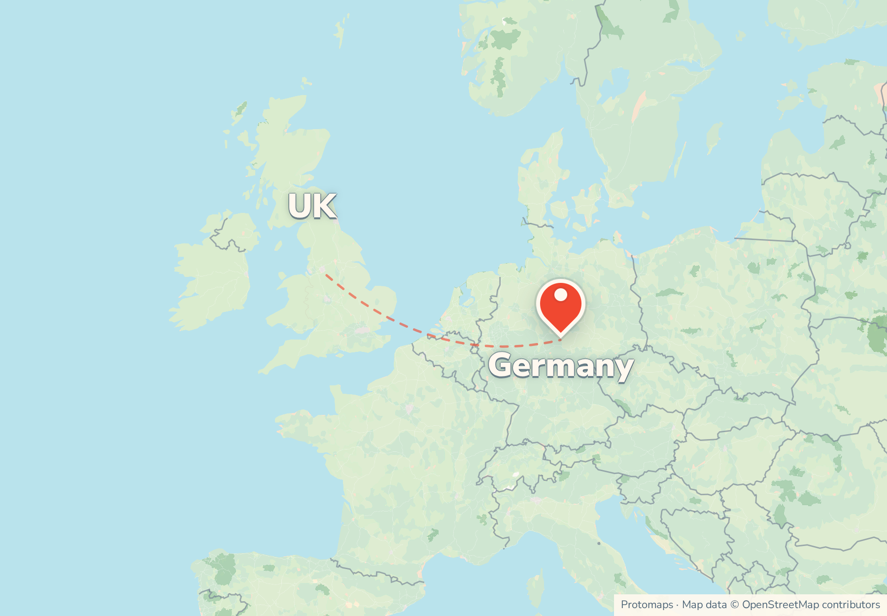 Map of the route from the UK to Germany, with Germany marked