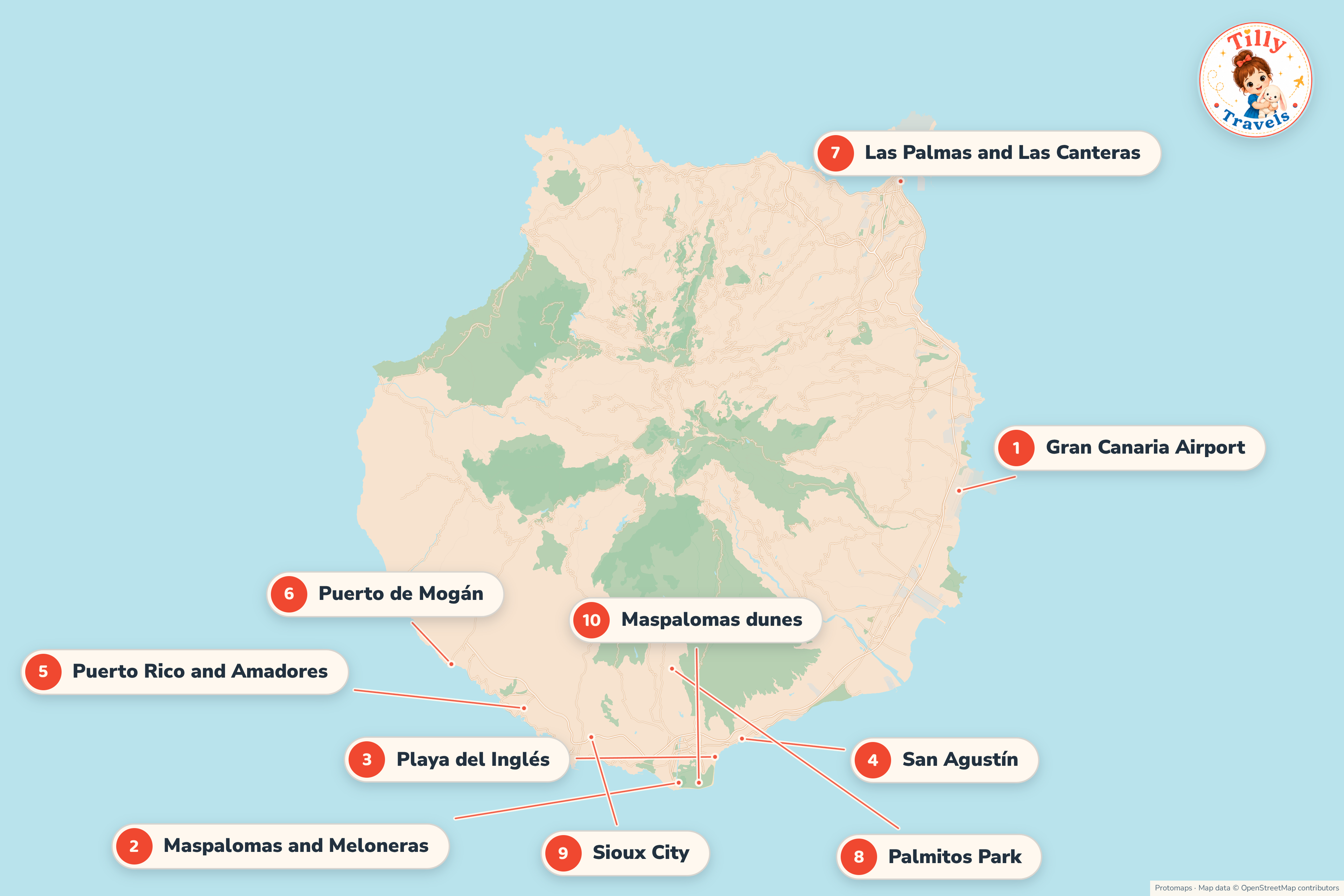 Map of Gran Canaria showing the main family areas, the airport and the mountain interior.
