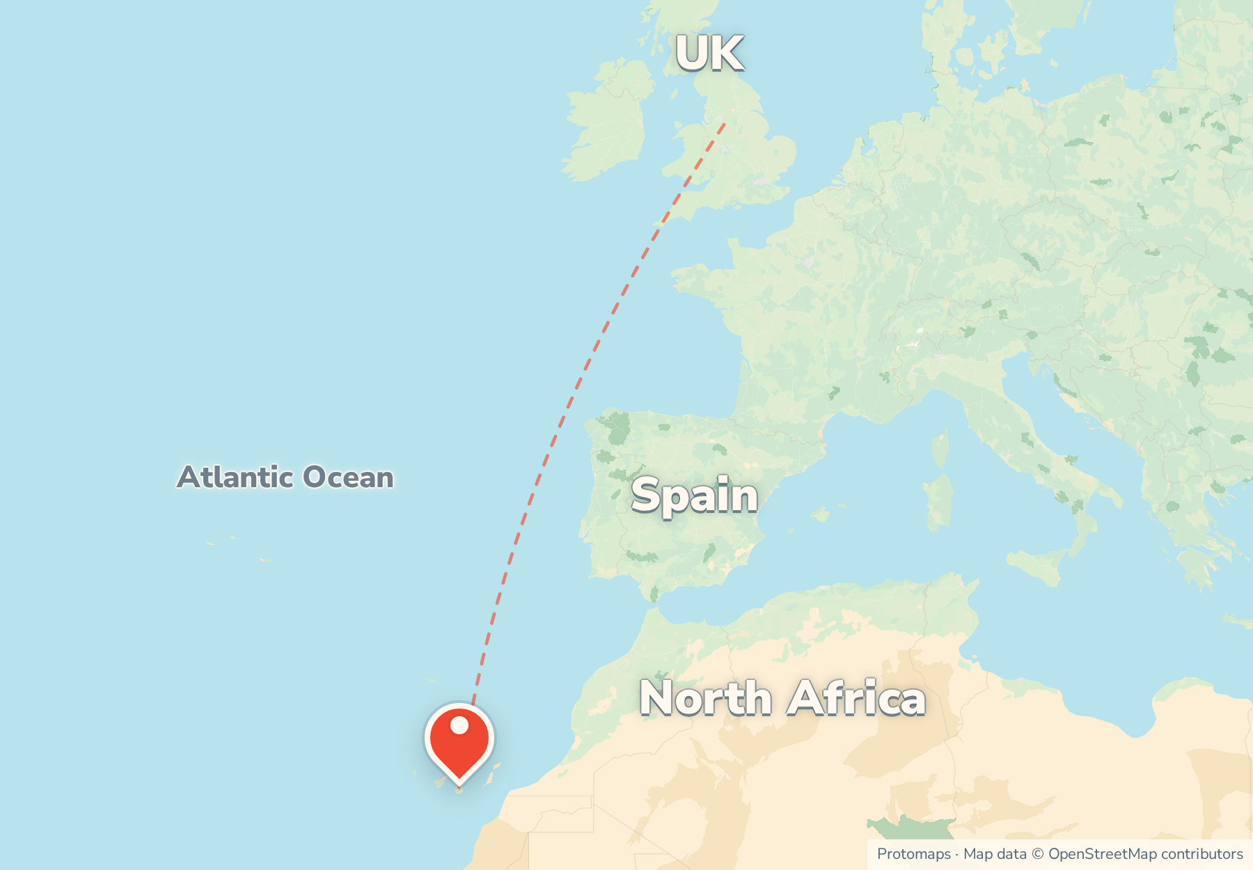 Locator map showing Gran Canaria in the Canary Islands off the north-west African coast, with Spain and the UK to the north.