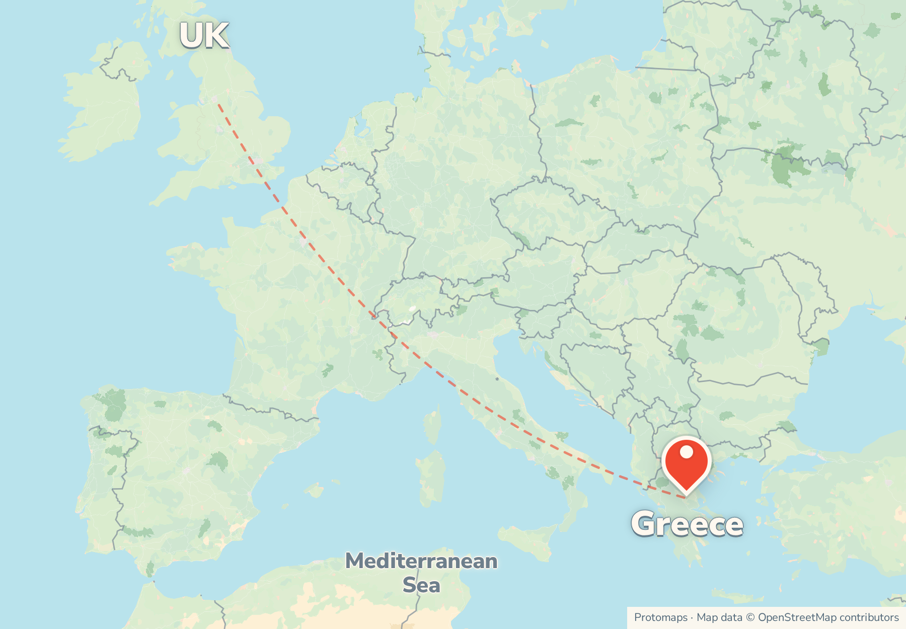 Map of the route from the UK to Greece, with Greece marked