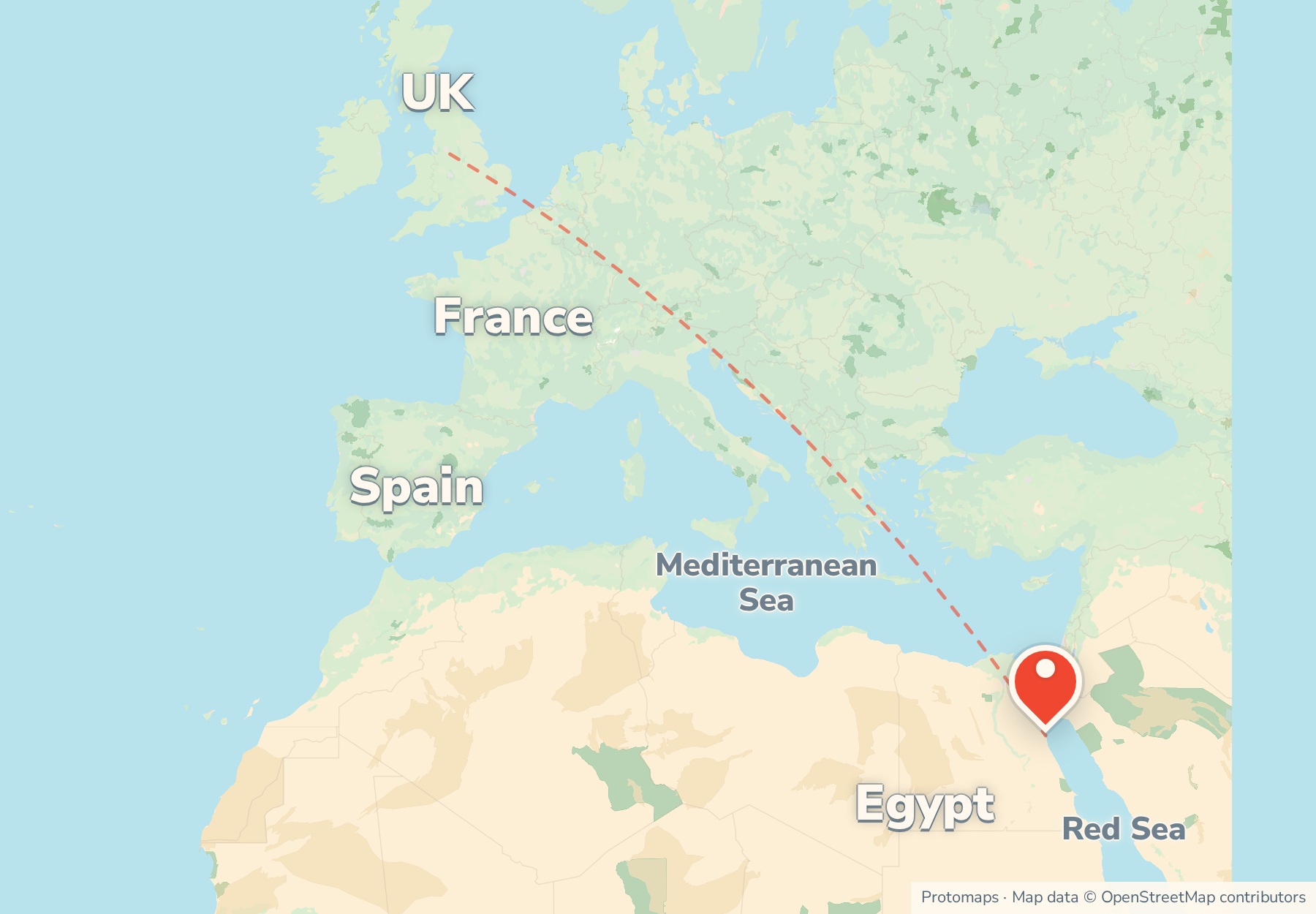 Locator map showing Hurghada on Egypt's Red Sea coast, far south-east of the UK, France and Spain across the Mediterranean.