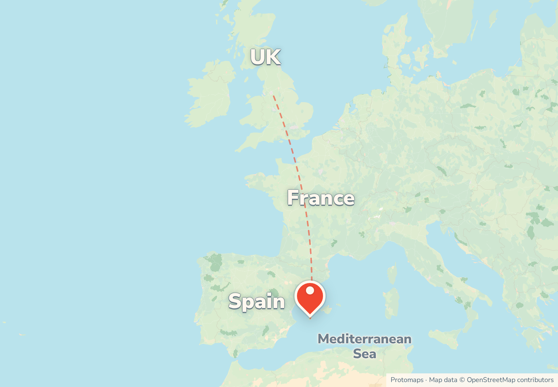 Locator map showing Ibiza in the western Mediterranean off the Spanish coast, with France and the UK to the north.