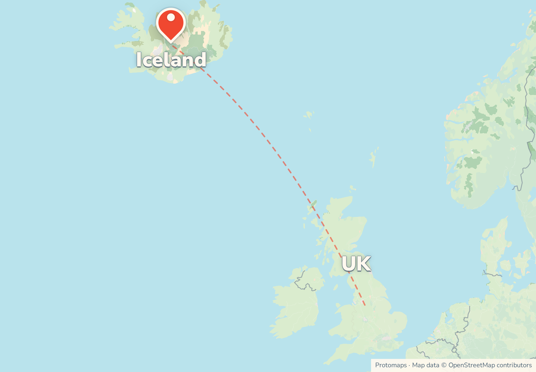Map of the route from the UK to Iceland, with Iceland marked