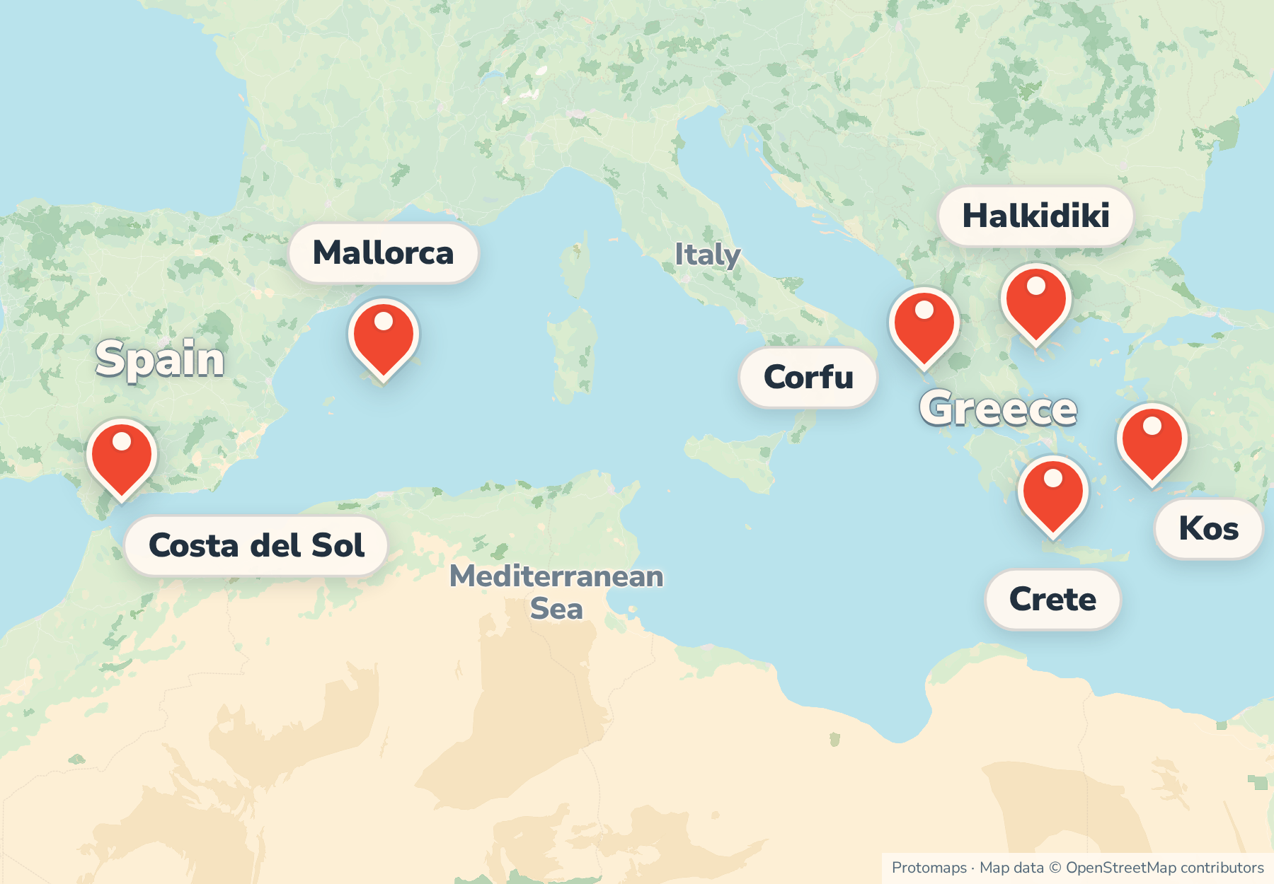 Map of the Mediterranean showing the Ikos resort locations: the Costa del Sol and Mallorca in Spain, and Corfu, Halkidiki, Crete and Kos in Greece.