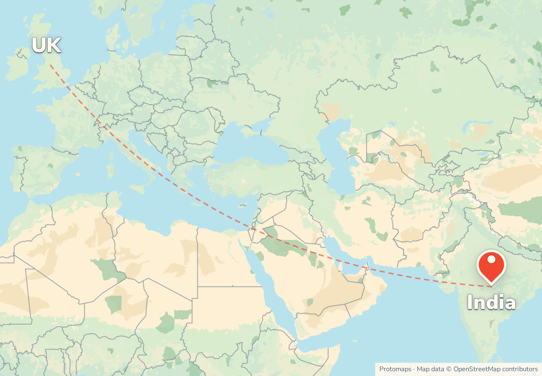 Map of the route from the UK to India, with India marked