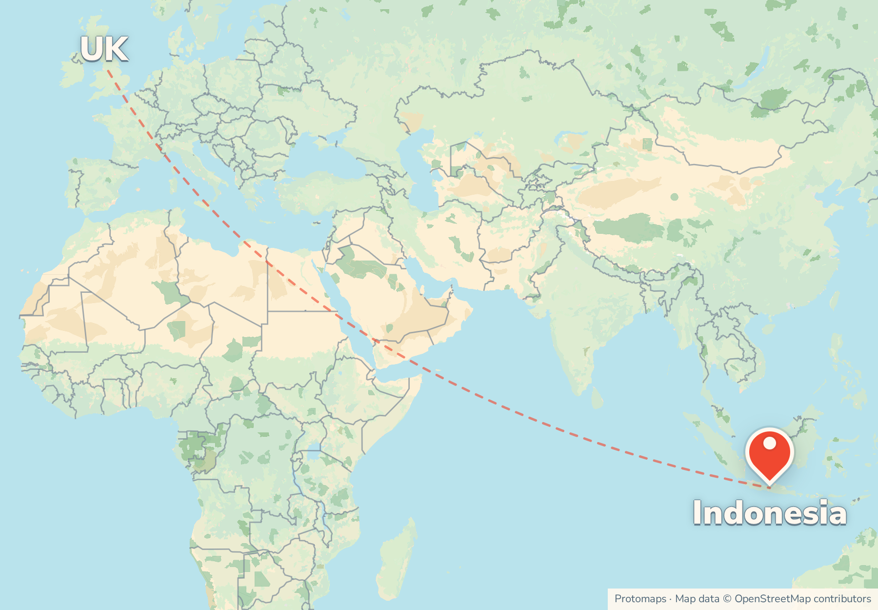 Map of the route from the UK to Indonesia, with Indonesia marked