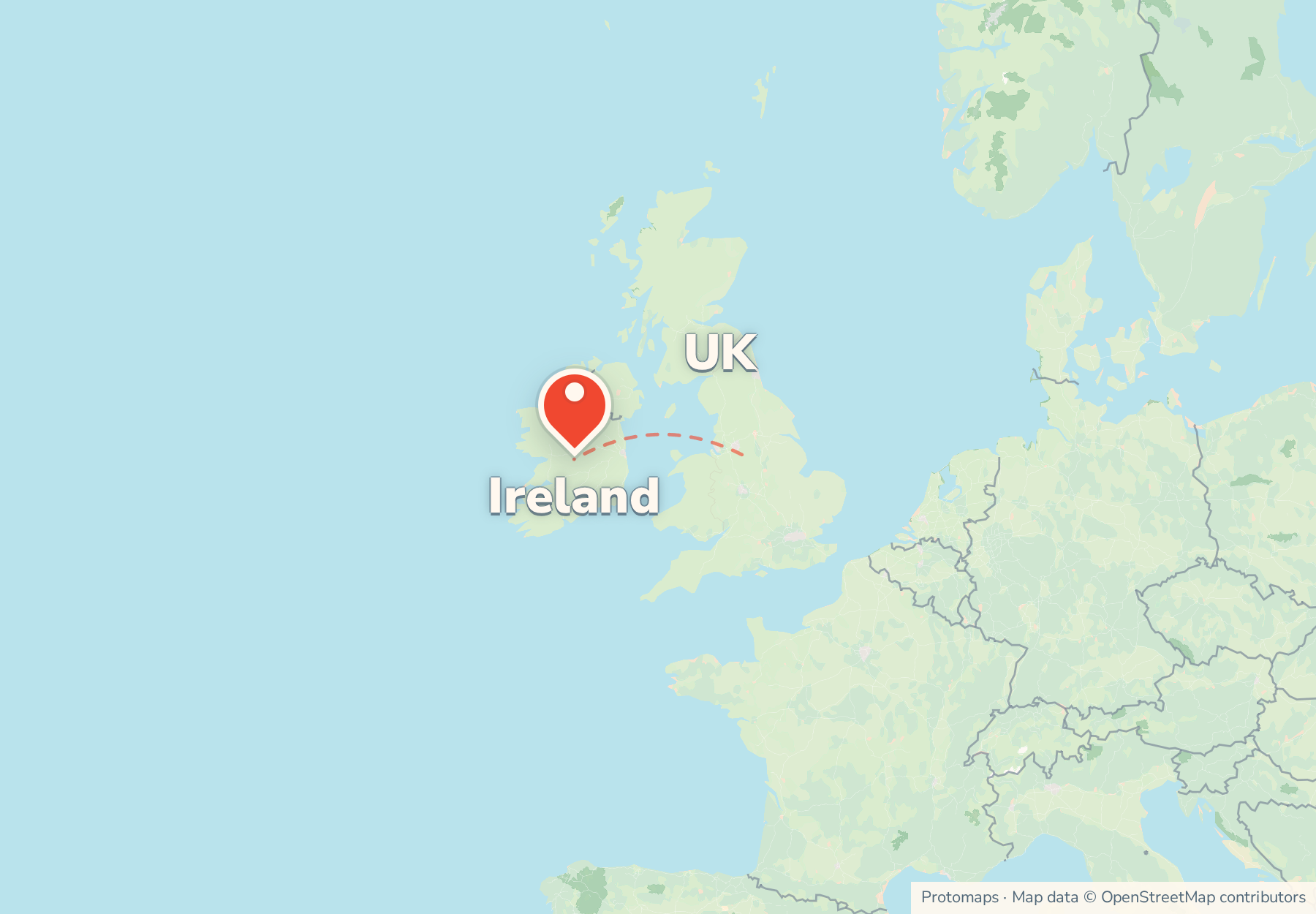 Map of the route from the UK to Ireland, with Ireland marked