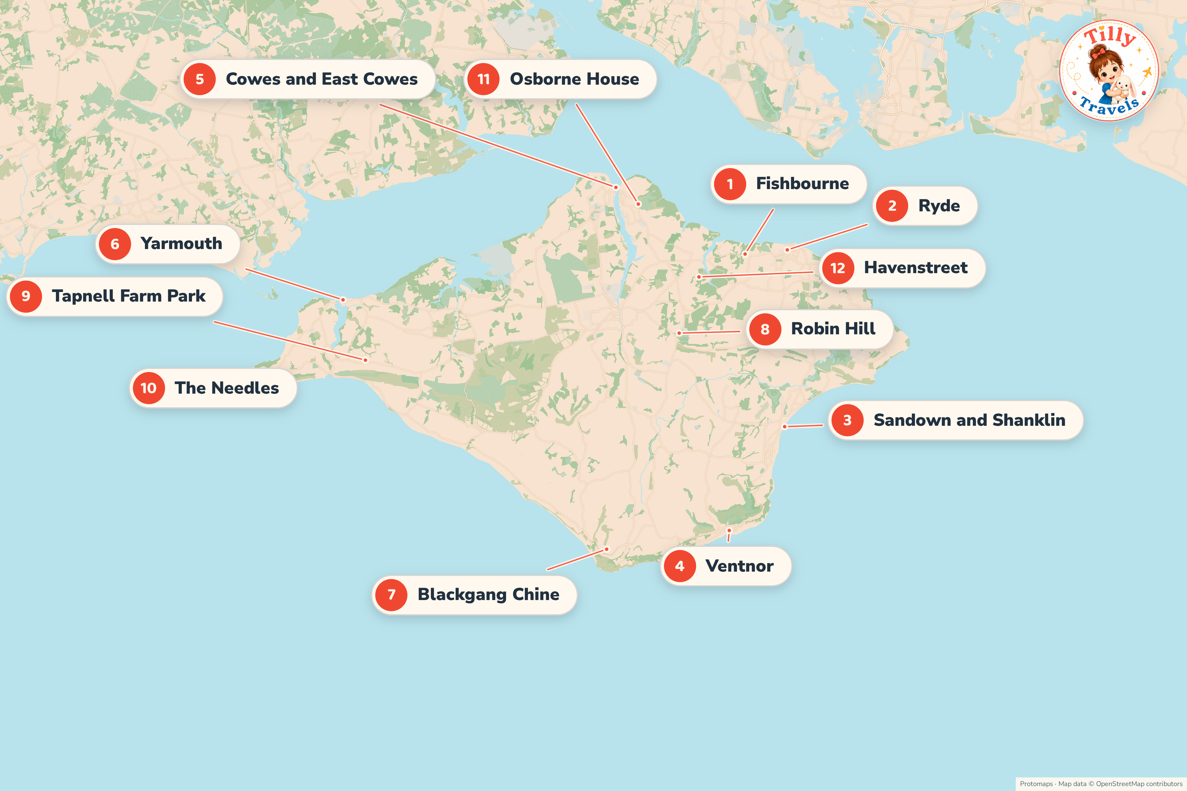 Map of the Isle of Wight showing the main family areas, the ferry ports and the bigger days out.
