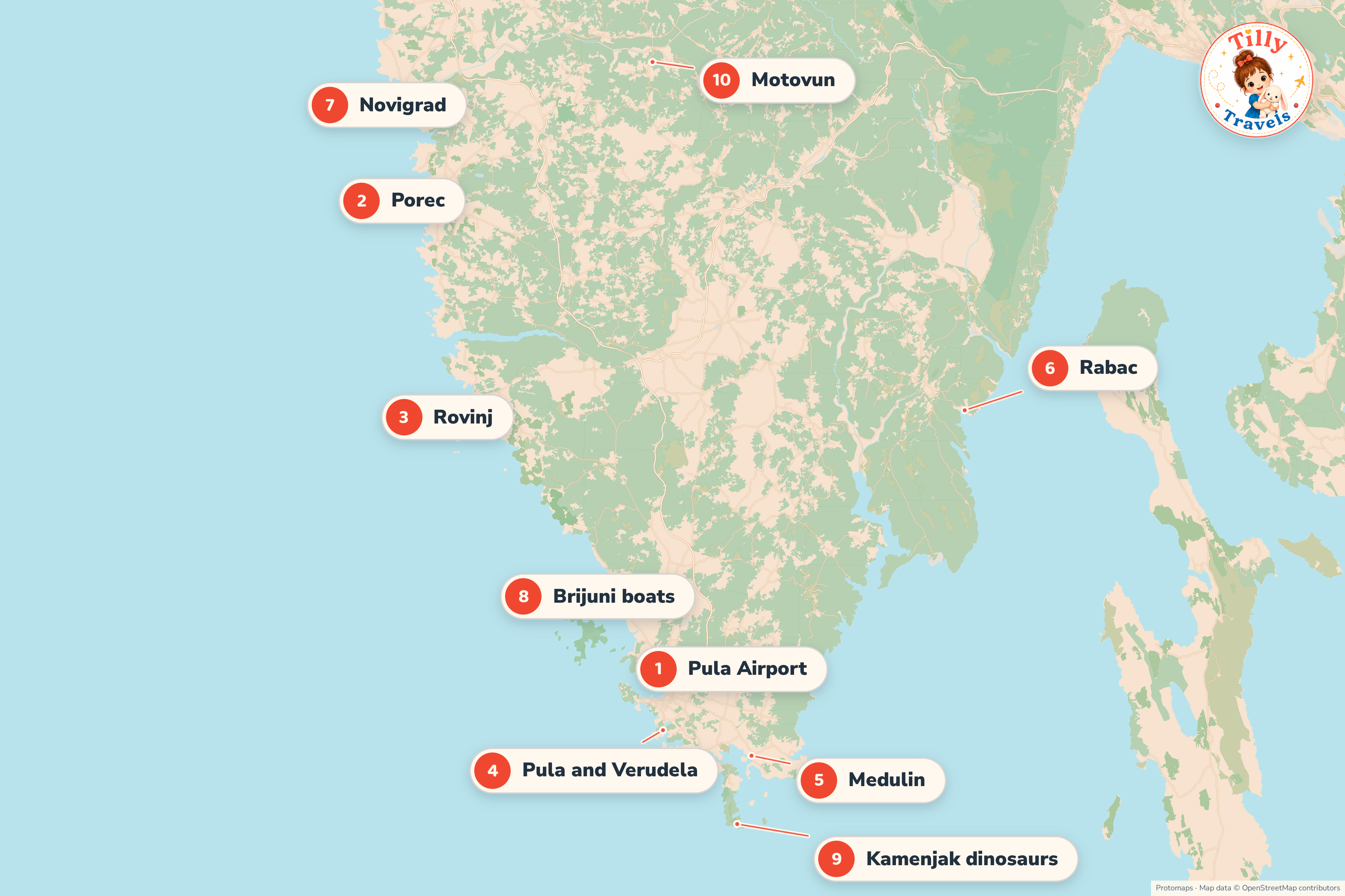 Map of the Istrian peninsula showing Porec, Rovinj and Novigrad on the west coast, Pula, Medulin and the Kamenjak dinosaur cape in the south, Rabac on the east coast, Motovun inland and the Brijuni boat departure near Pula.