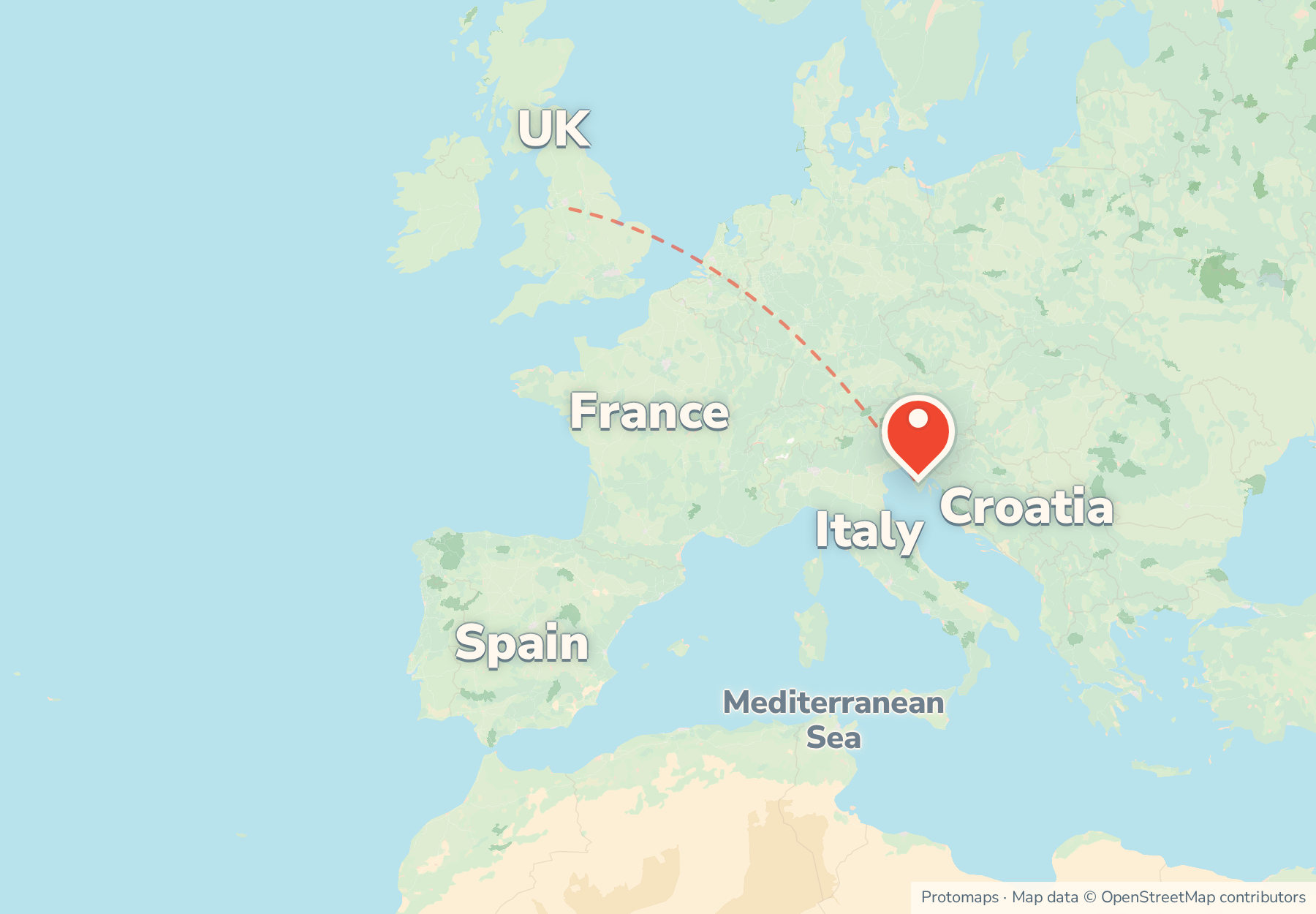 Locator map showing Istria at the northern end of the Adriatic in Croatia, near the Italian border, with France and the UK to the north-west.