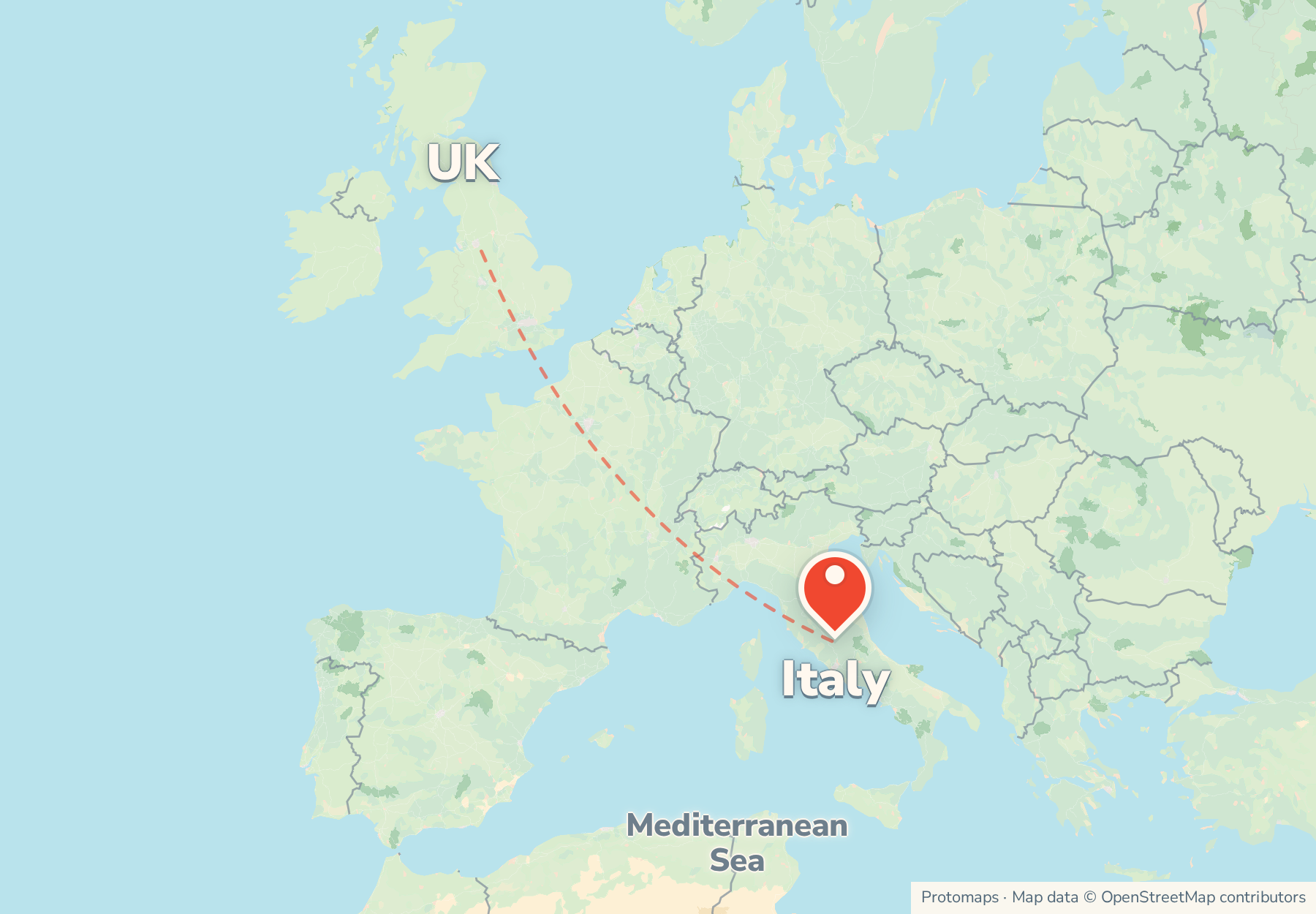Map of the route from the UK to Italy, with Italy marked