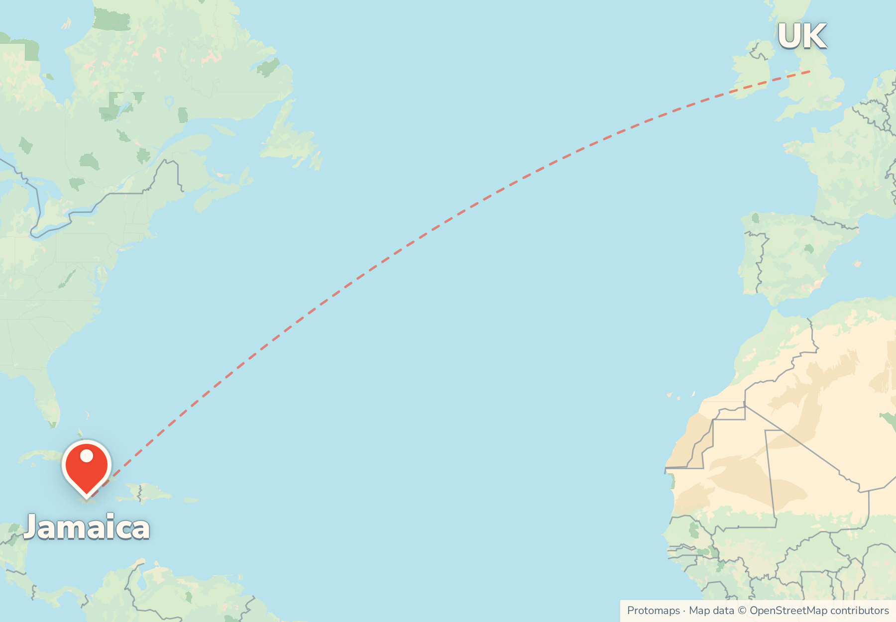 Map of the route from the UK to Jamaica, with Jamaica marked