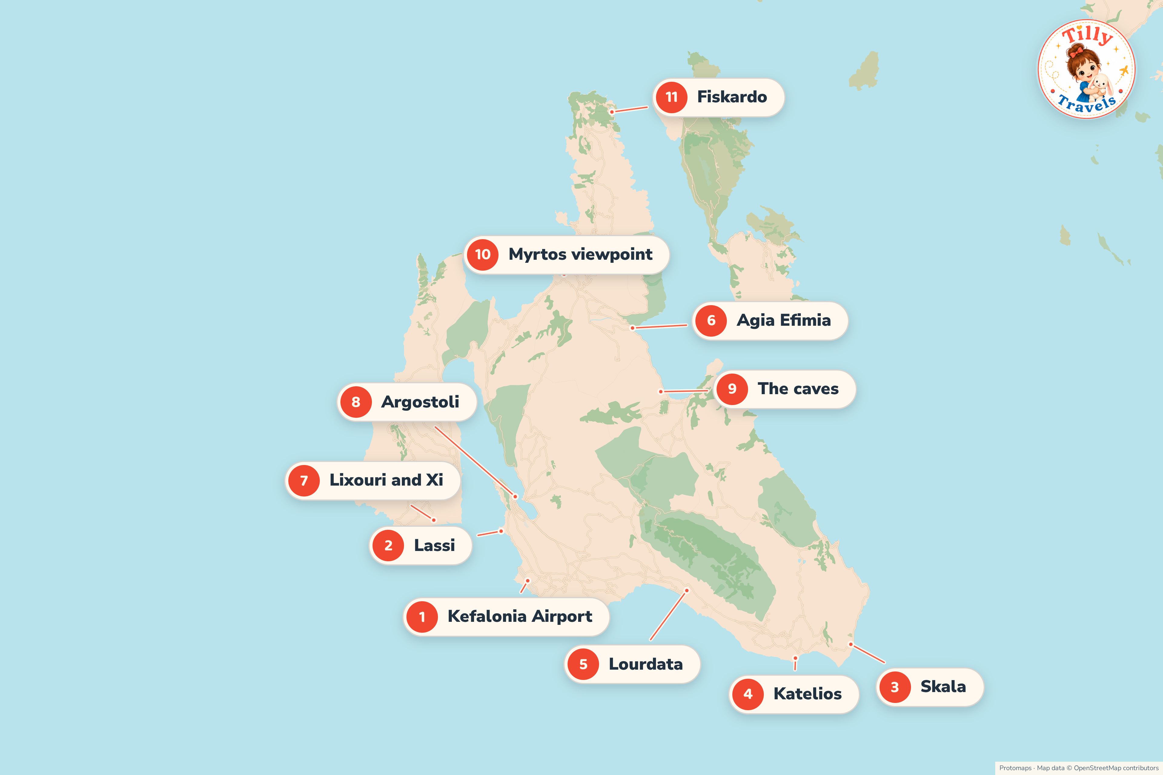 Map of Kefalonia showing Lassi and Argostoli on the west side, Skala, Katelios and Lourdata along the south coast, Agia Efimia and the caves on the east coast, Lixouri and Xi on the Paliki peninsula, and Myrtos and Fiskardo in the north.