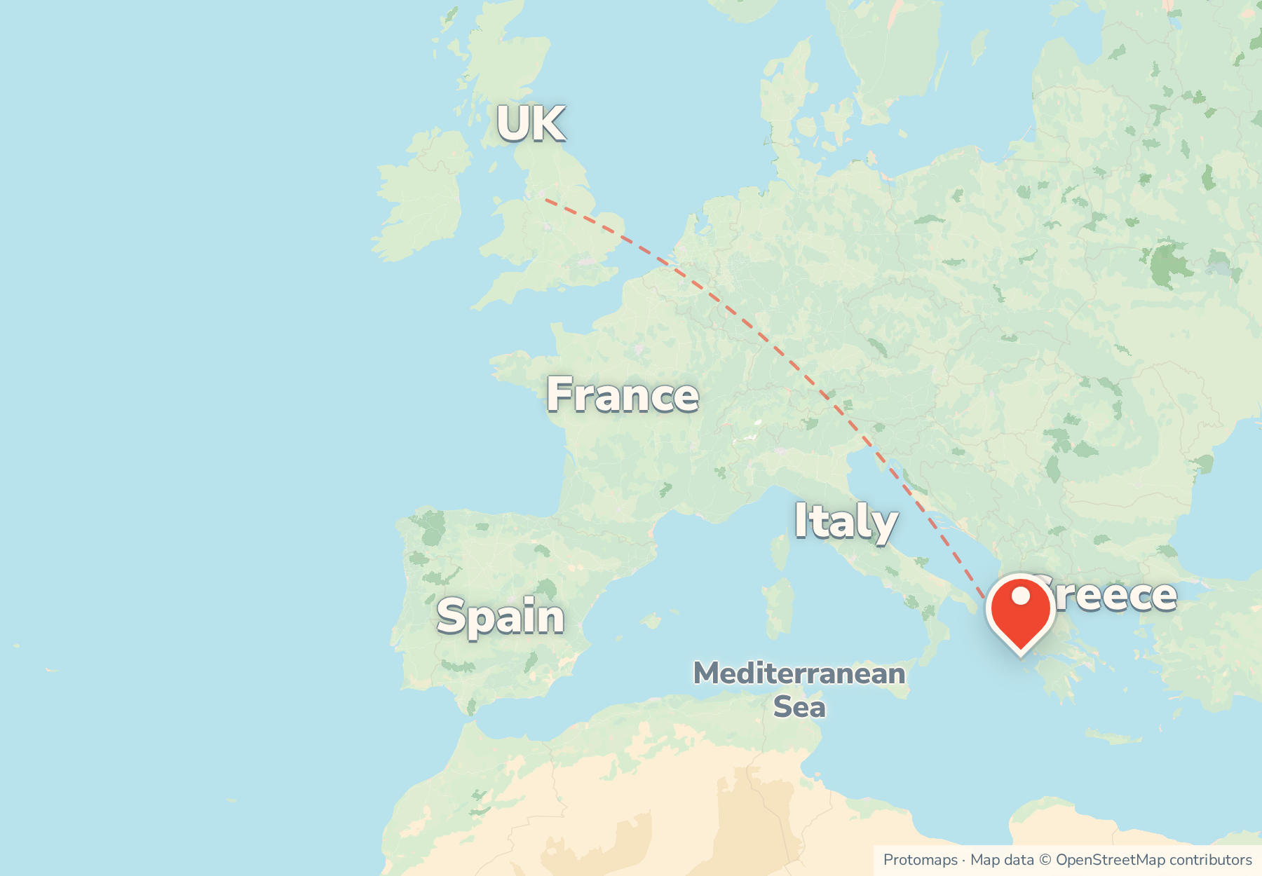 Locator map showing Kefalonia in the Ionian Sea off the west coast of Greece, with Italy, France and the UK to the north-west.