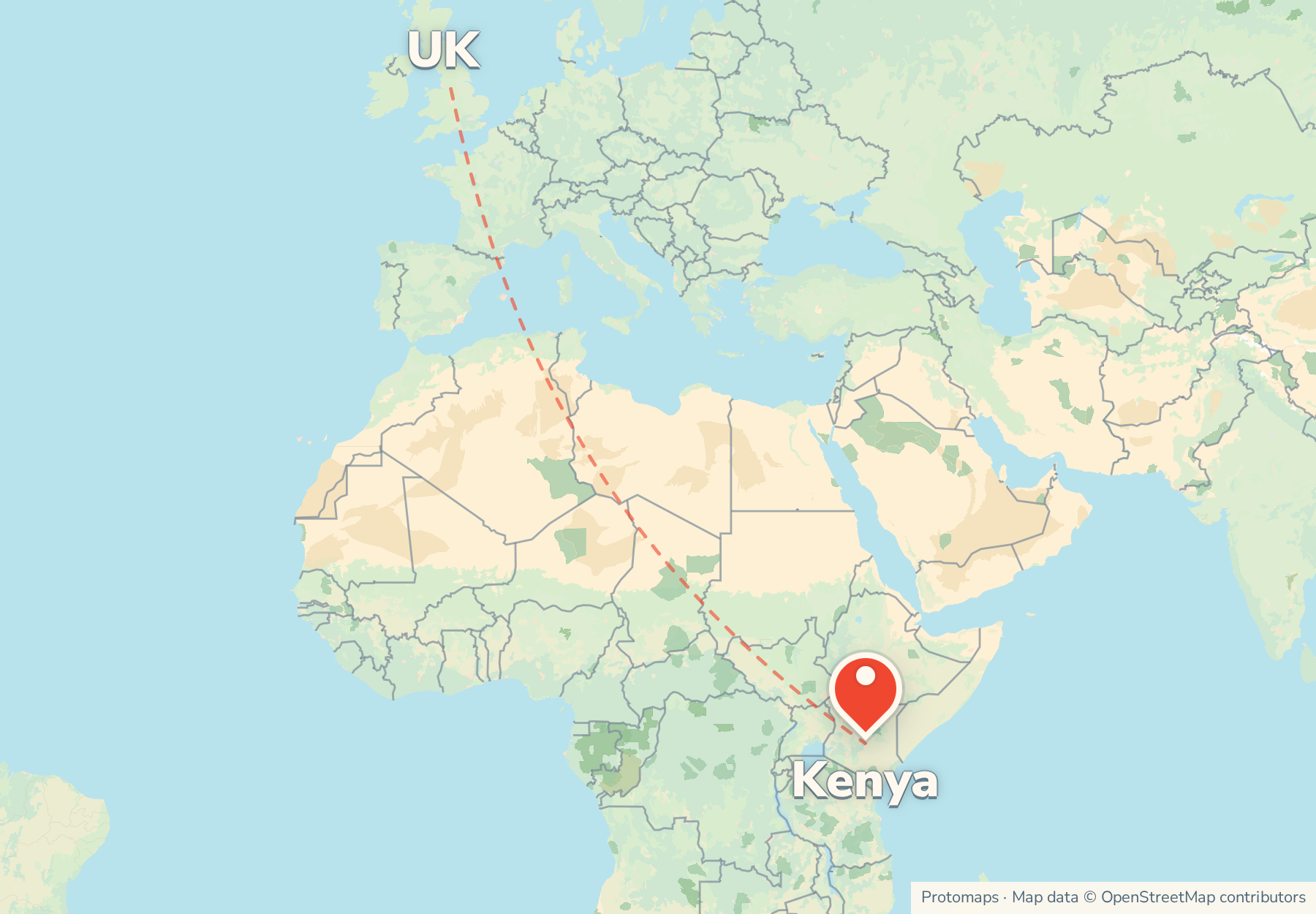 Map of the route from the UK to Kenya, with Kenya marked