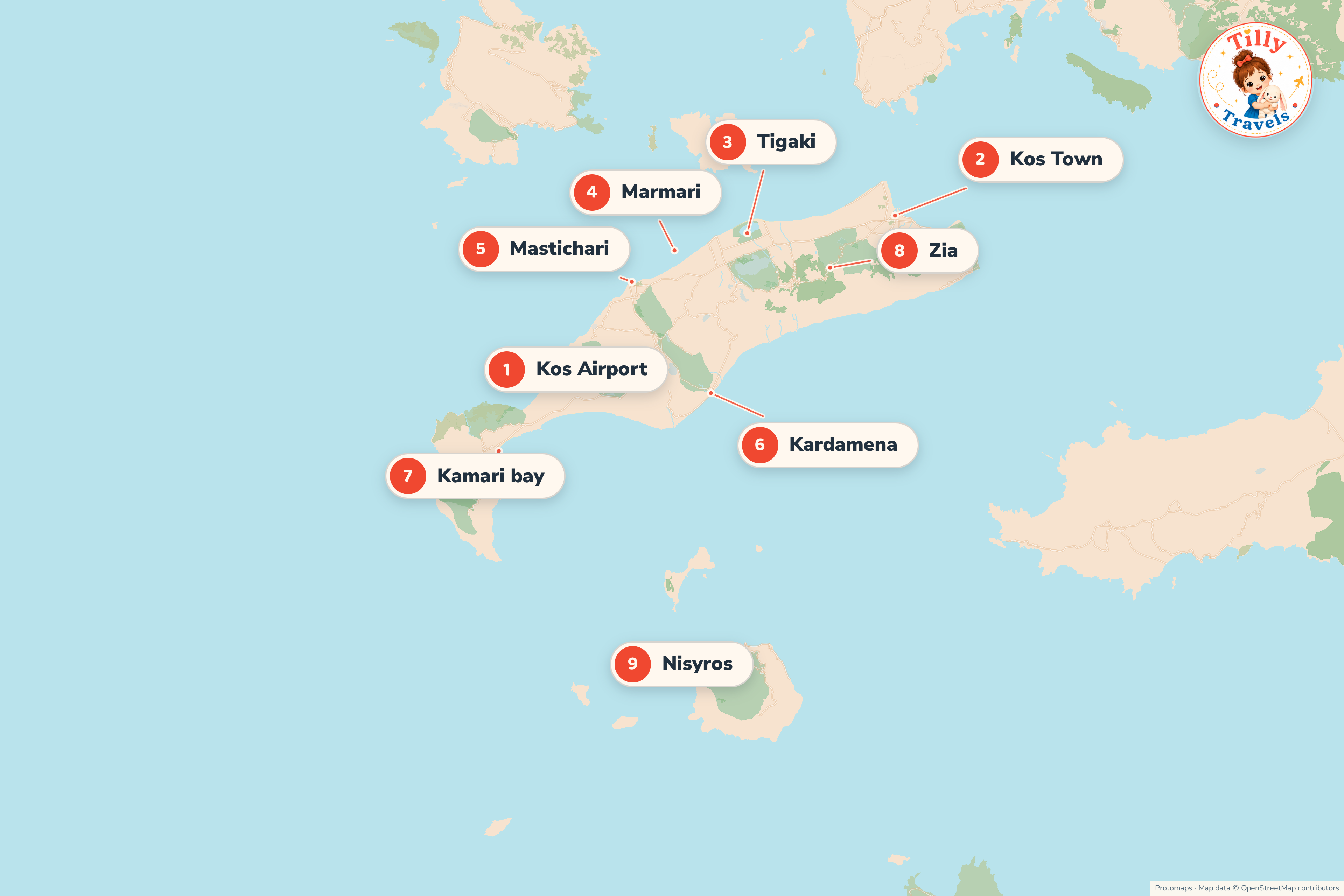 Map of Kos showing the family resorts along the north and south coasts, the mid-island airport, Zia in the hills and the volcano island of Nisyros to the south.