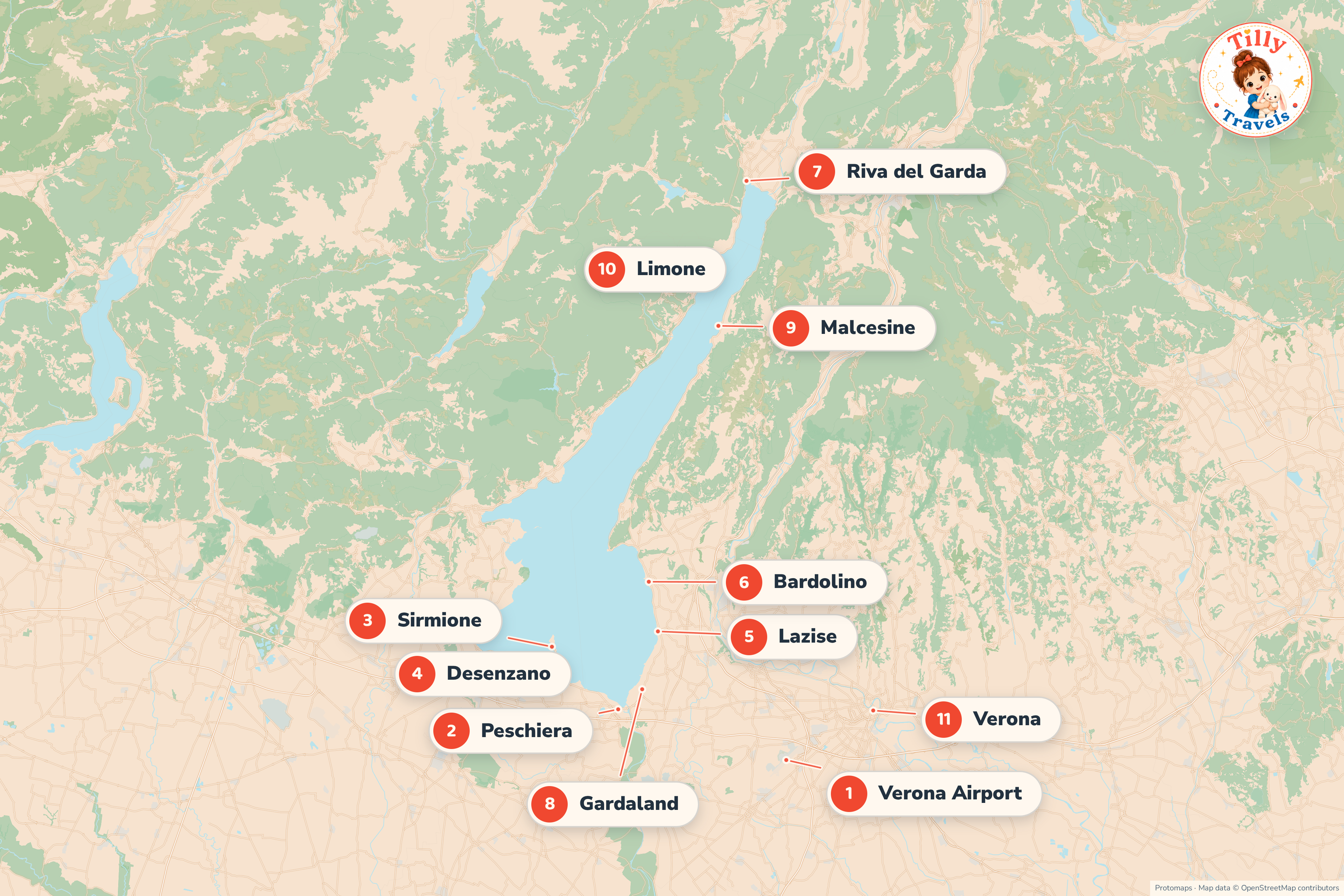 Map of Lake Garda showing the family towns around the southern shore, Riva del Garda at the Alpine northern end, Verona and its airport to the south-east and Gardaland near Peschiera.