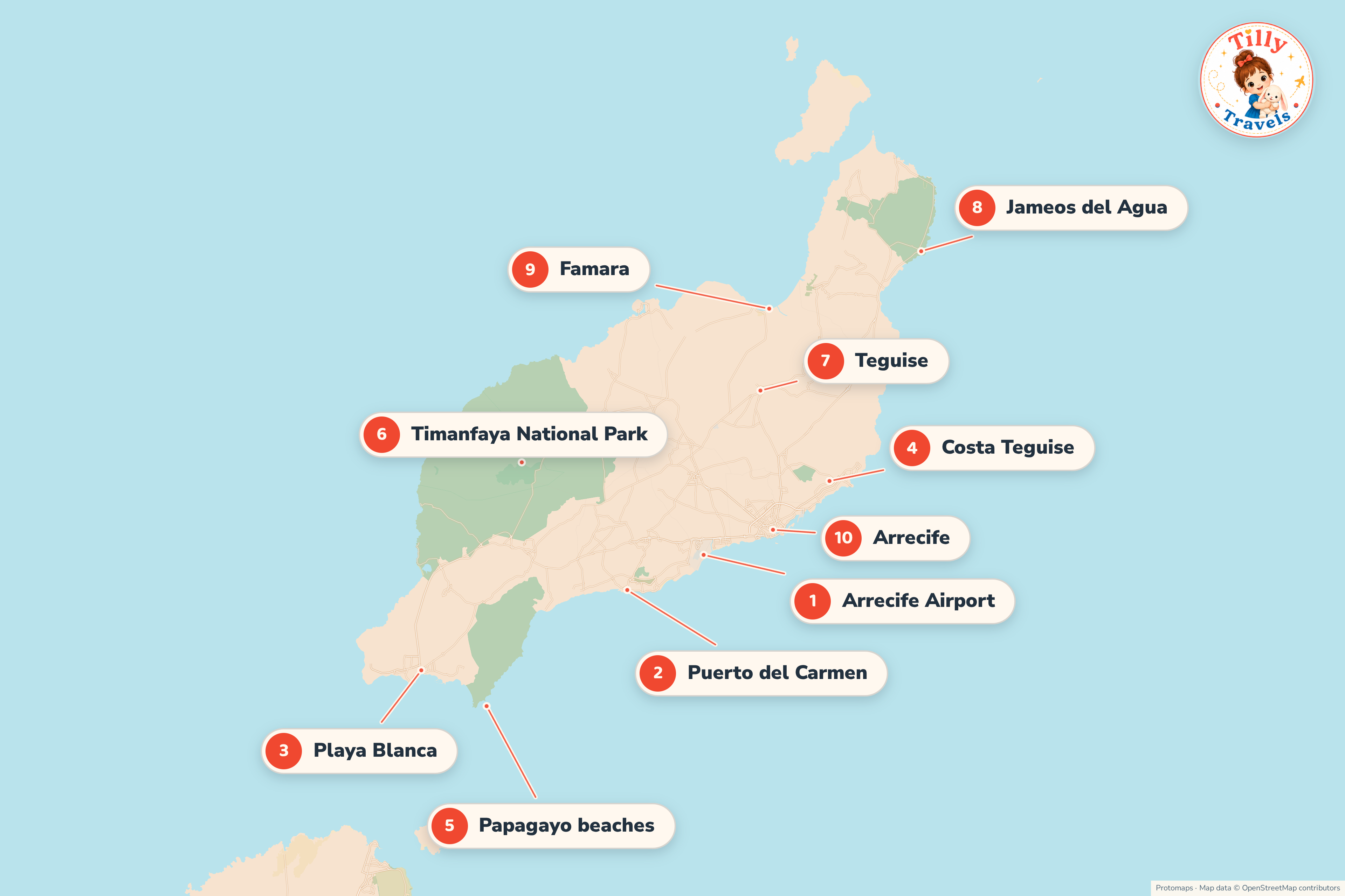Map of Lanzarote showing the main family areas, the airport and the bigger days out.