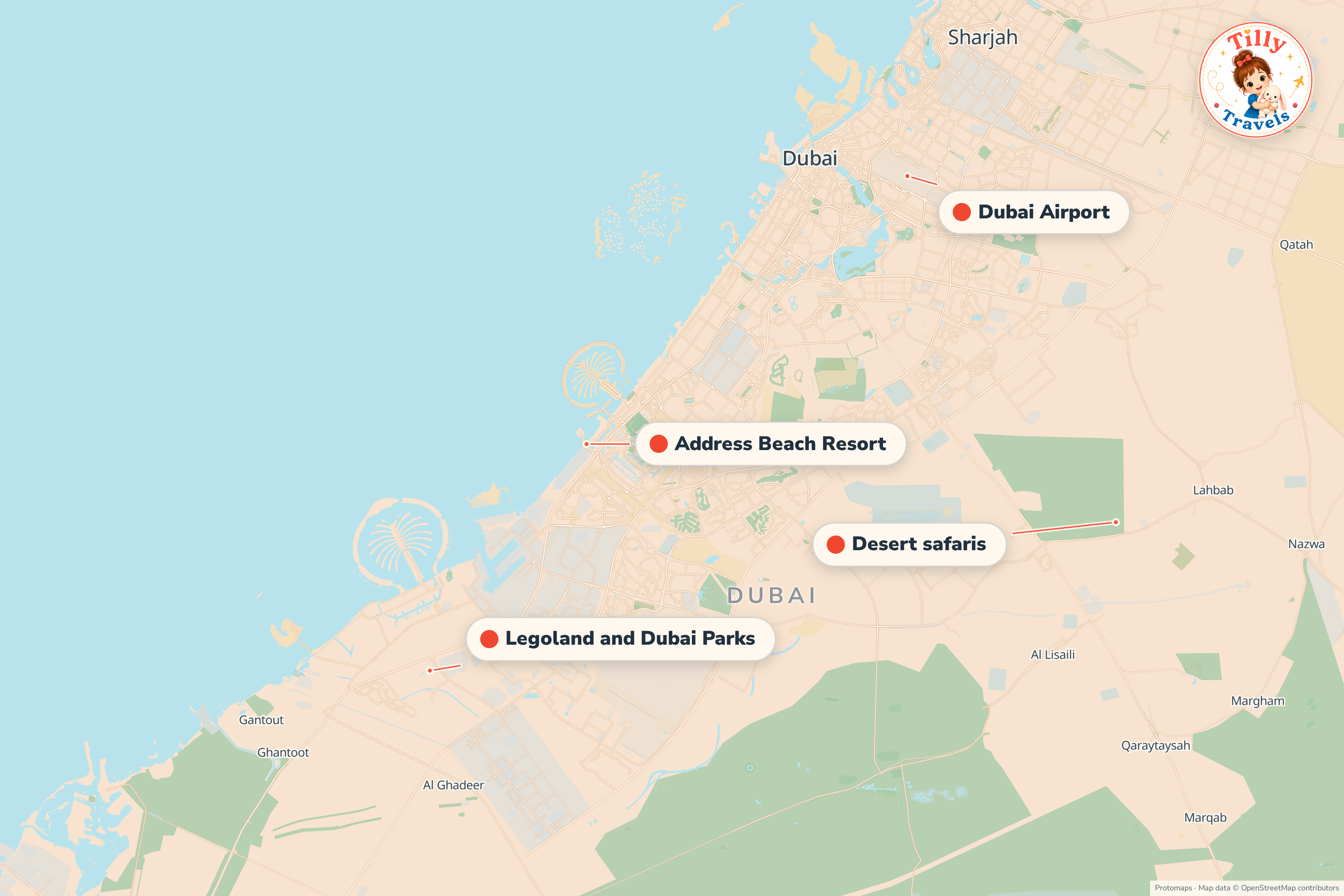 Map of the area around Address Beach Resort, showing the resort, the nearest airport and the main family days out