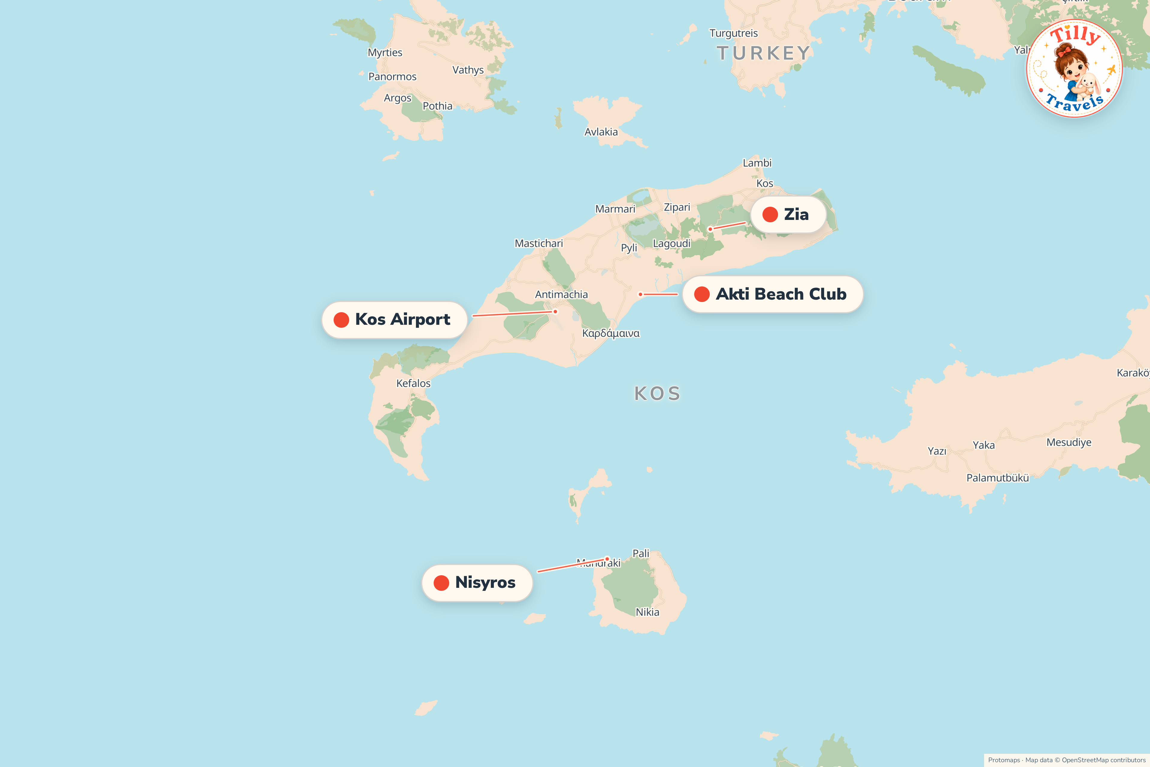 Map of the area around Akti Beach Club, showing the resort, the nearest airport and the main family days out