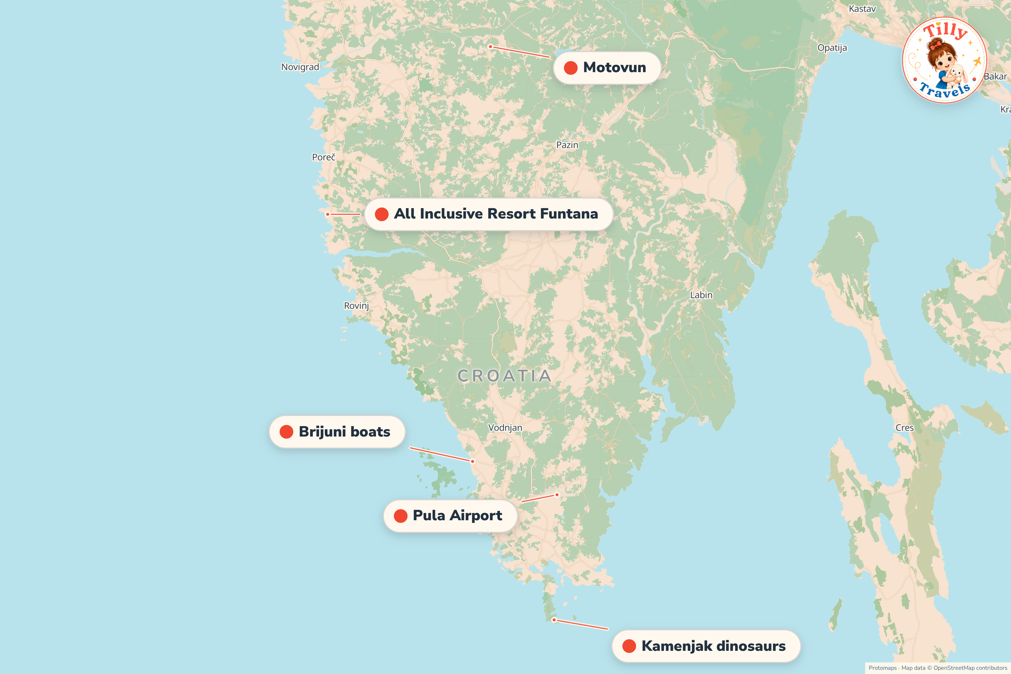 Map of the area around All Inclusive Resort Funtana, showing the resort, the nearest airport and the main family days out
