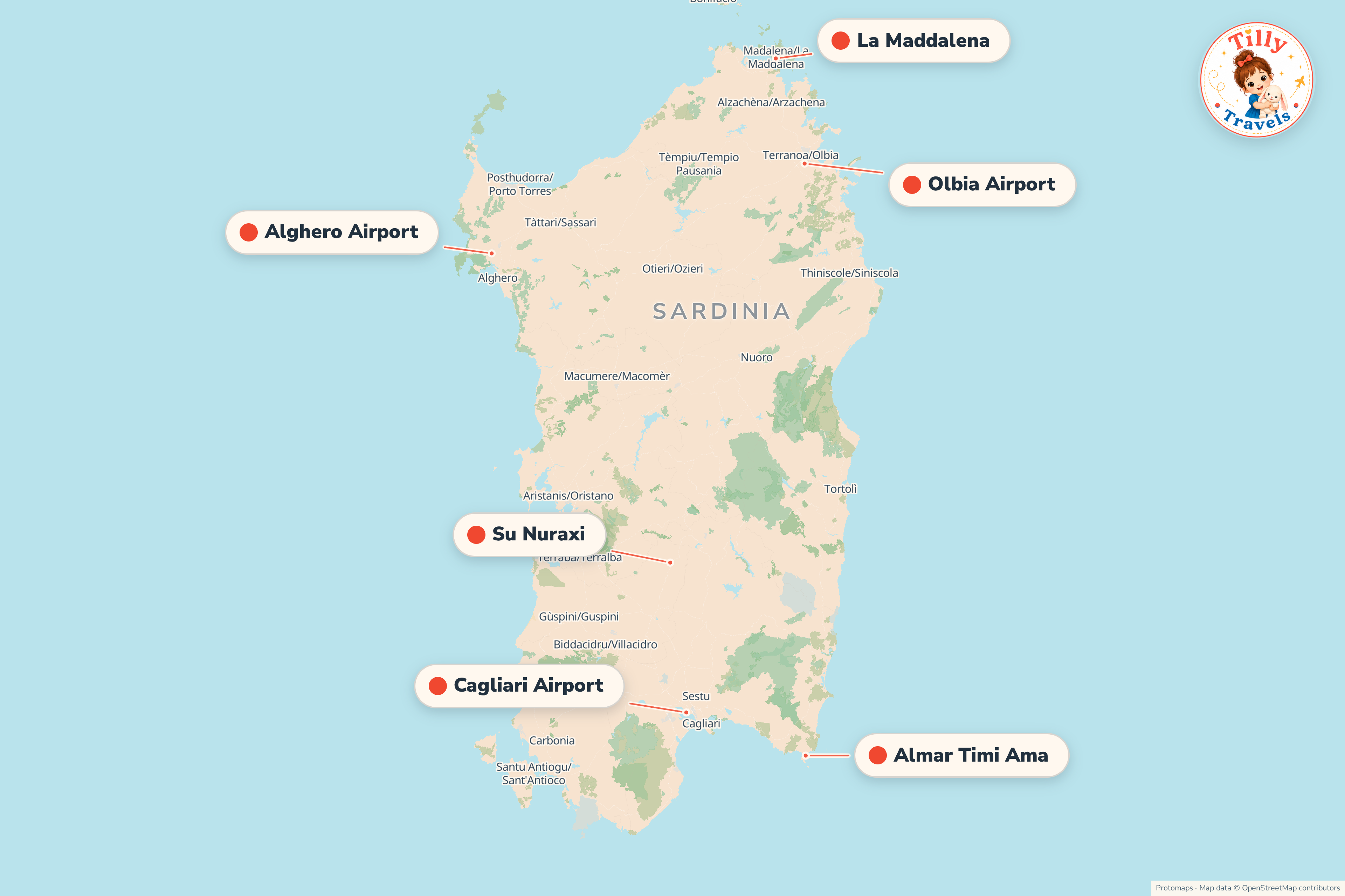 Map of the area around Almar Timi Ama, showing the resort, the nearest airport and the main family days out