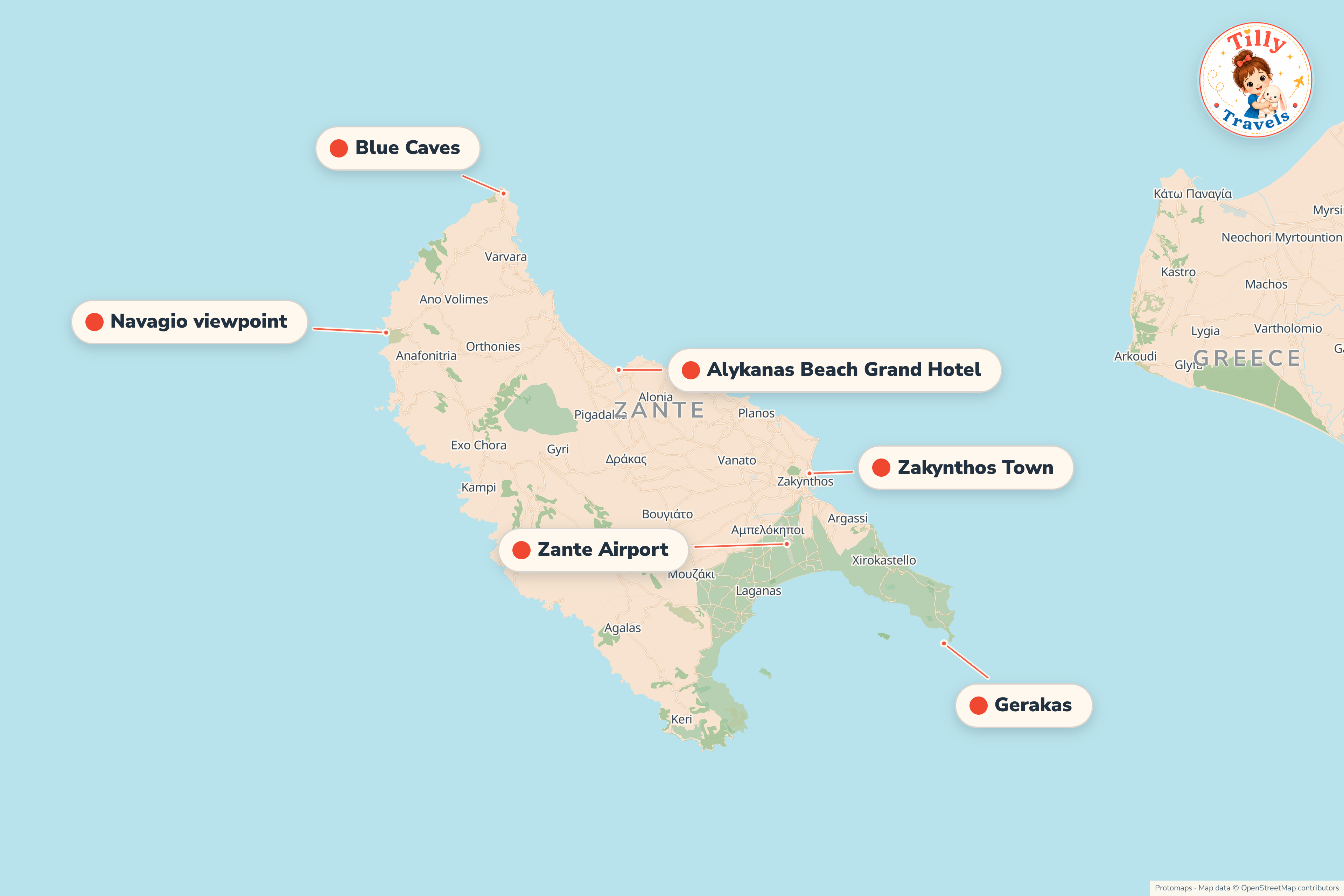 Map of the area around Alykanas Beach Grand Hotel, showing the resort, the nearest airport and the main family days out