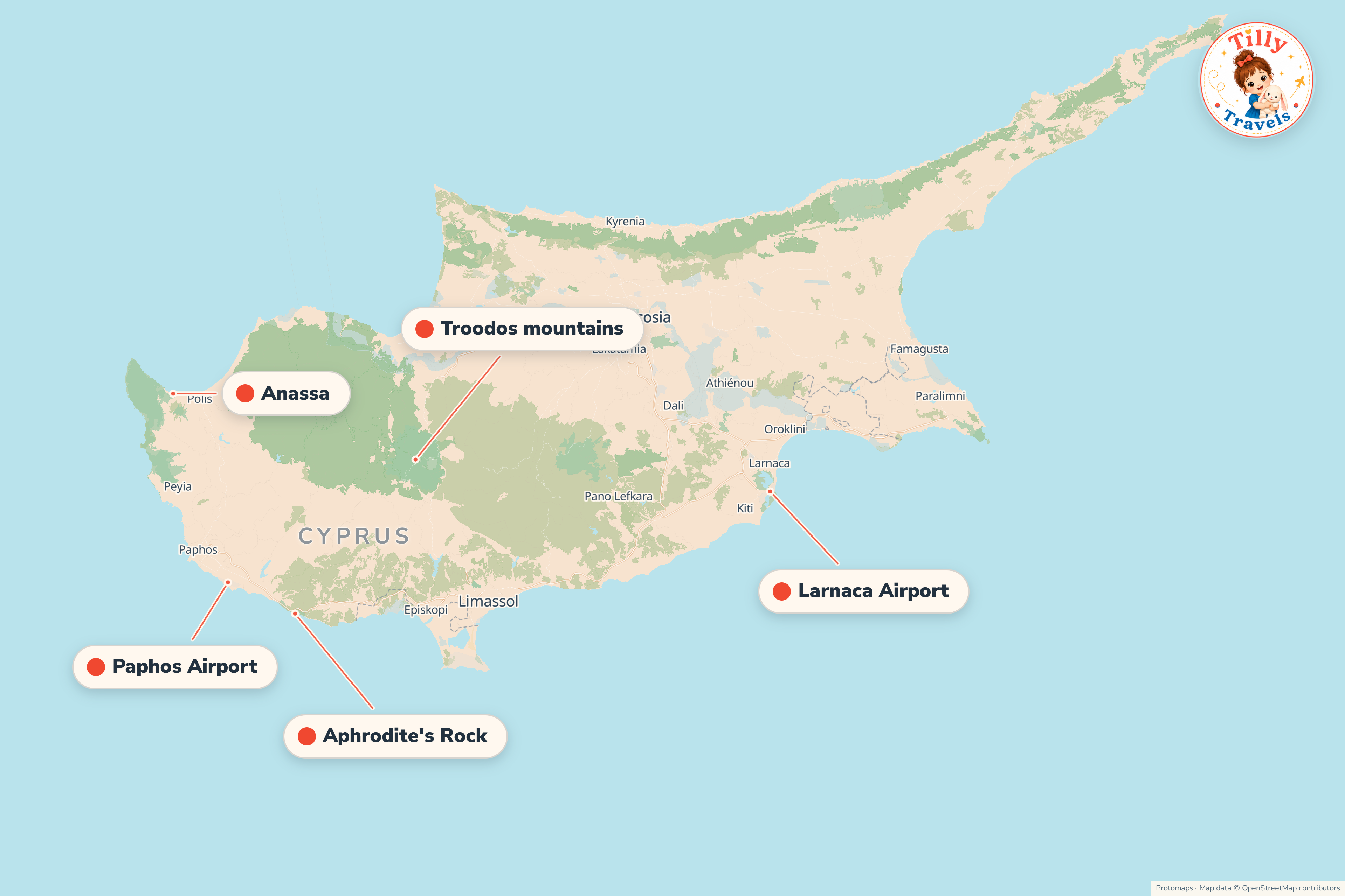 Map of the area around Anassa, showing the resort, the nearest airport and the main family days out
