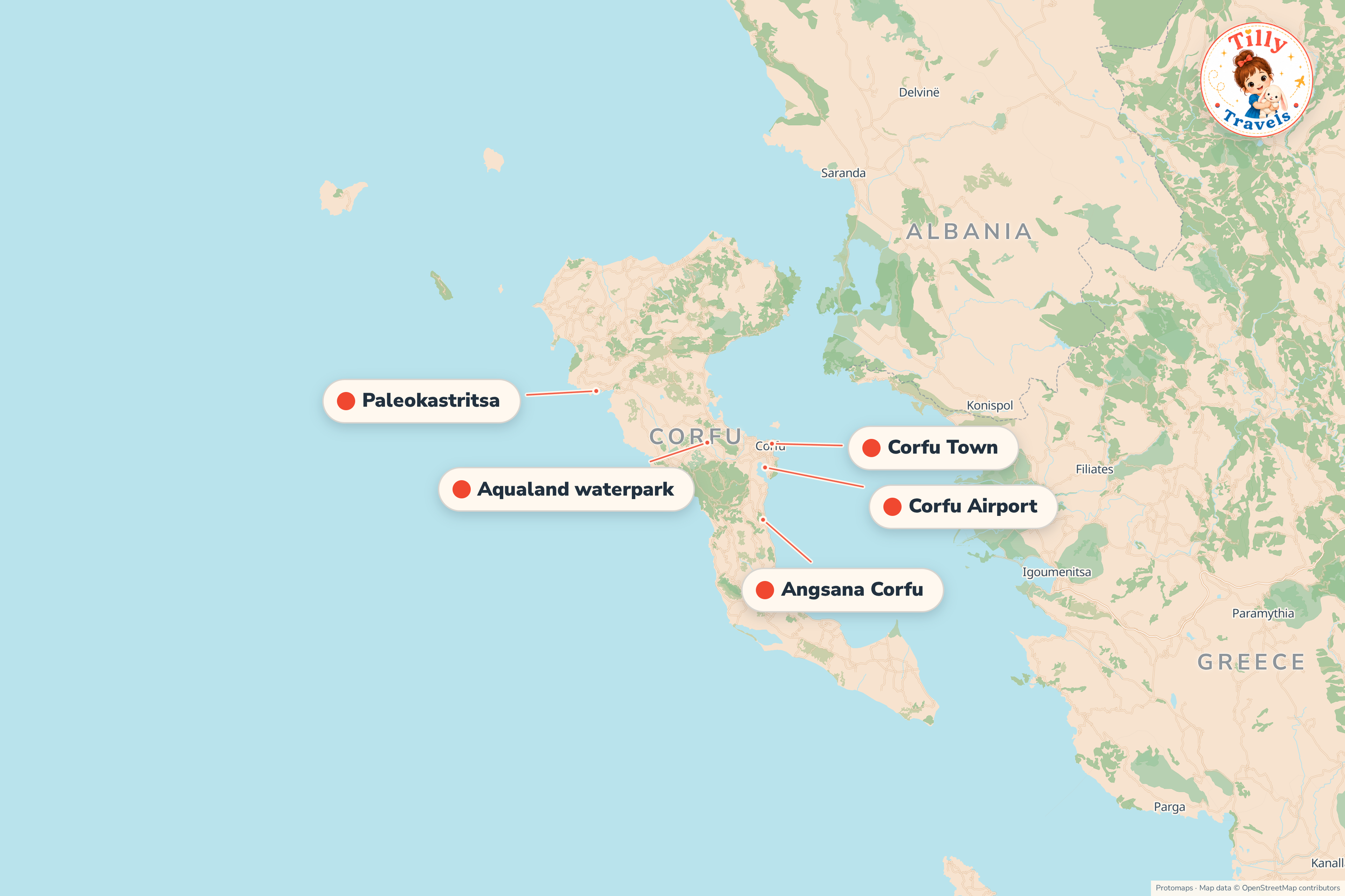 Map of the area around Angsana Corfu, showing the resort, the nearest airport and the main family days out