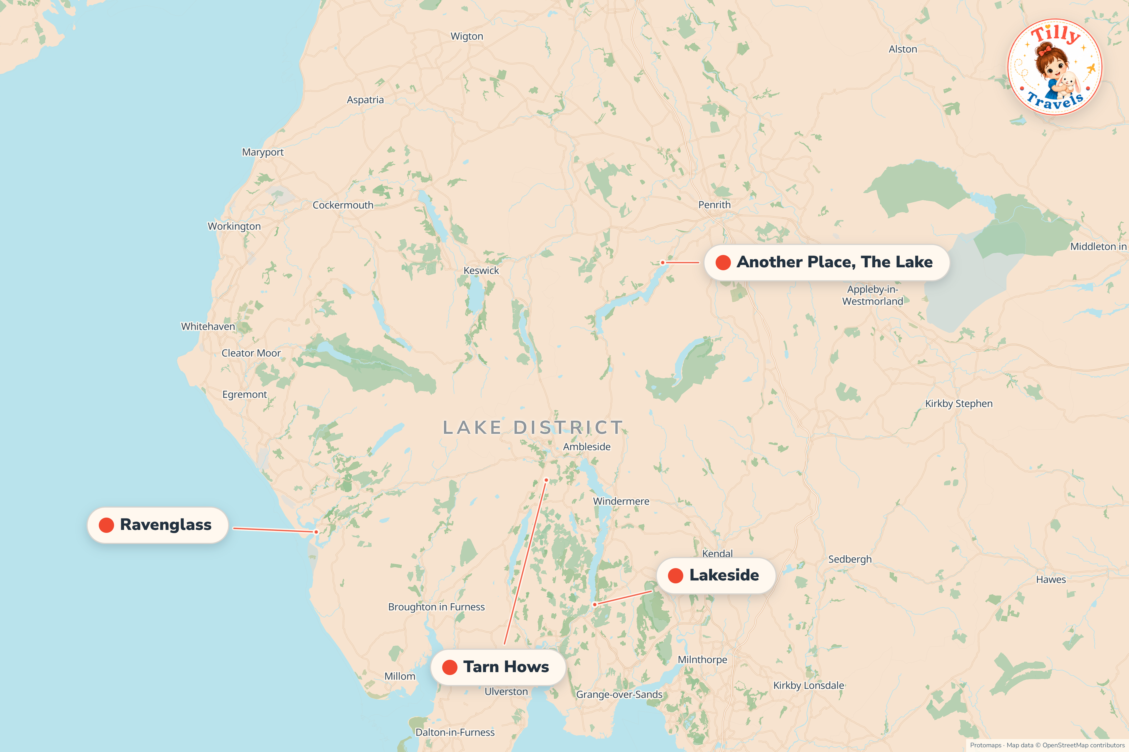 Map of the area around Another Place, The Lake, showing the resort, the nearest airport and the main family days out