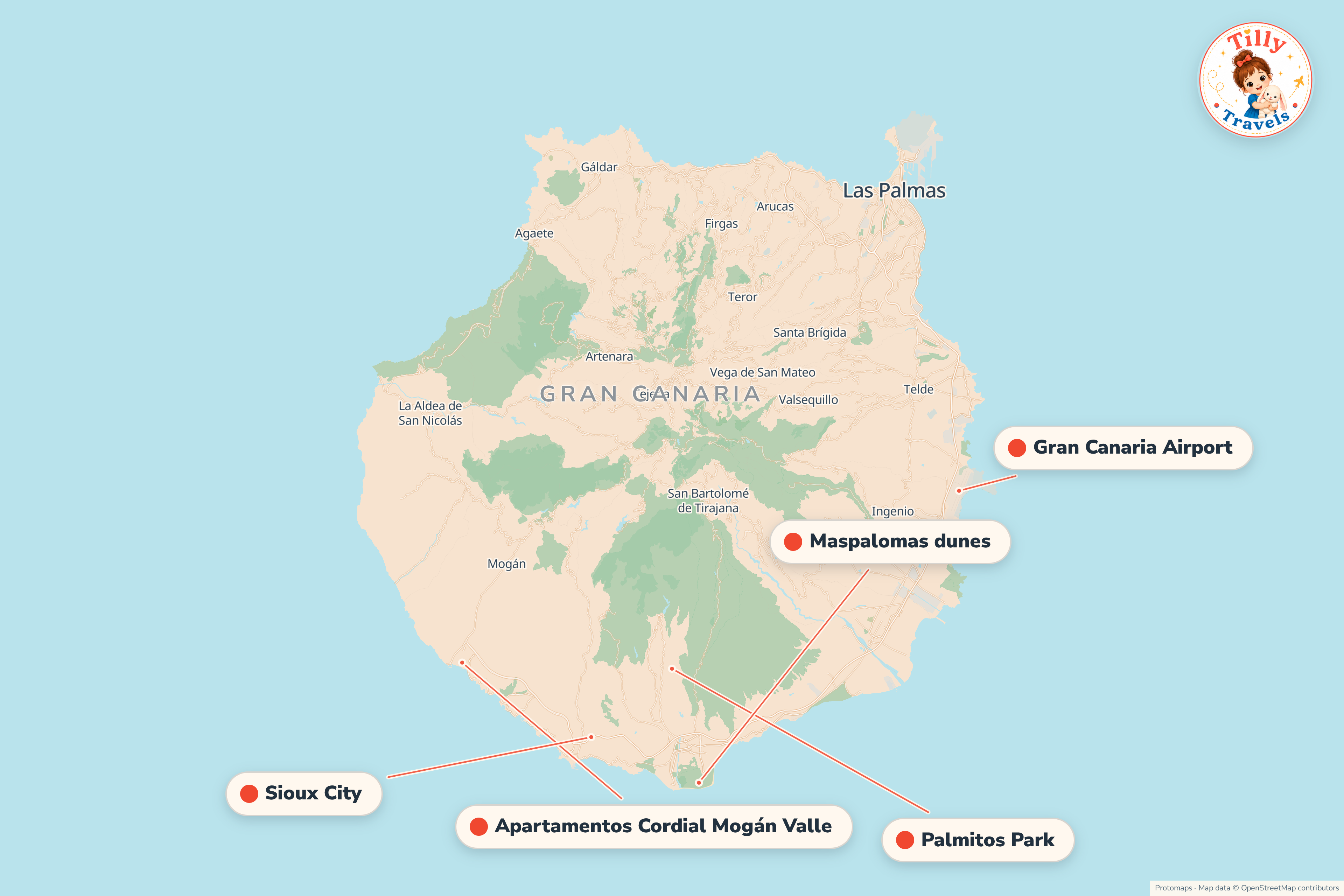 Map of the area around Apartamentos Cordial Mogán Valle, showing the resort, the nearest airport and the main family days out