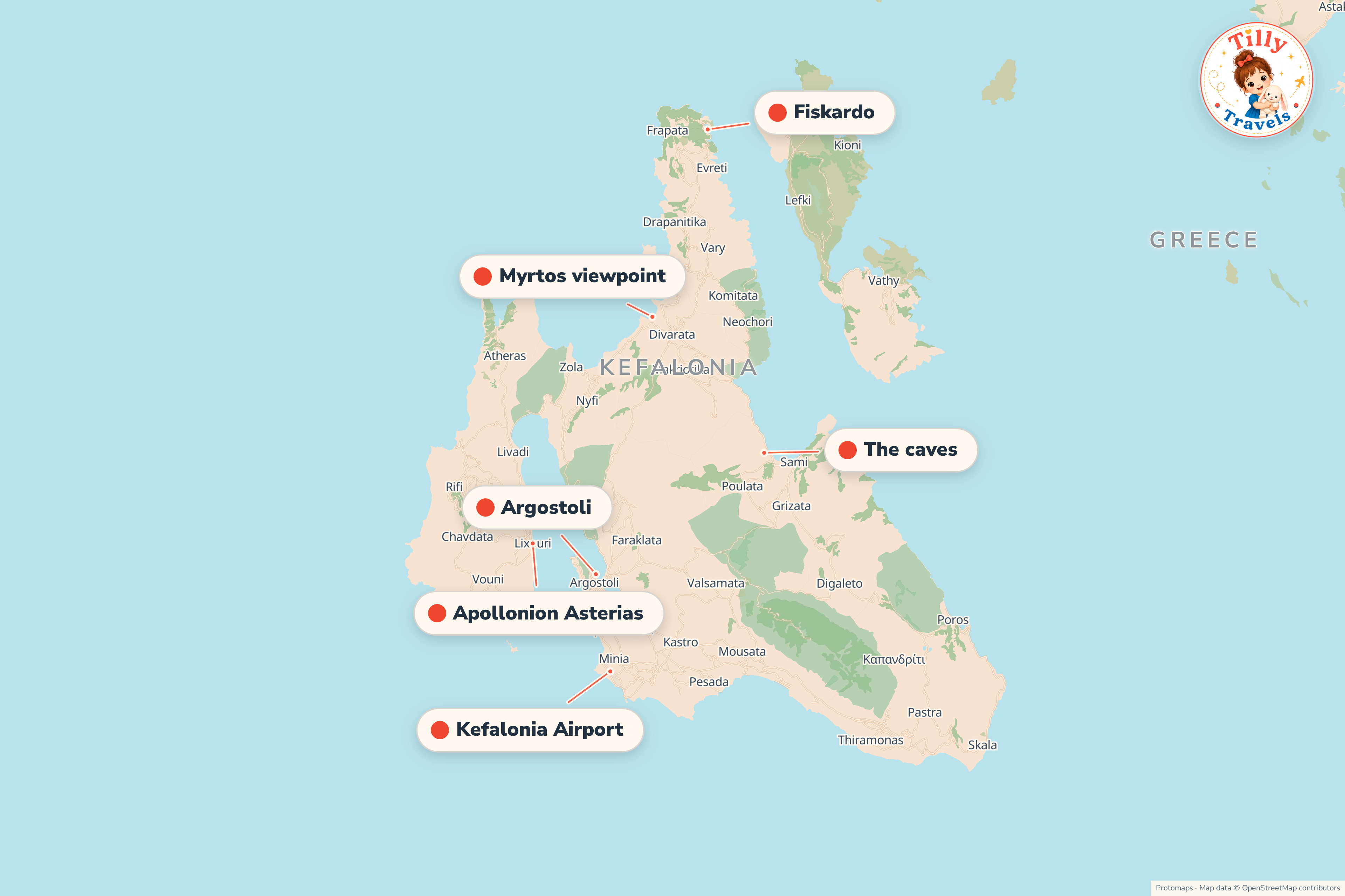 Map of the area around Apollonion Asterias, showing the resort, the nearest airport and the main family days out