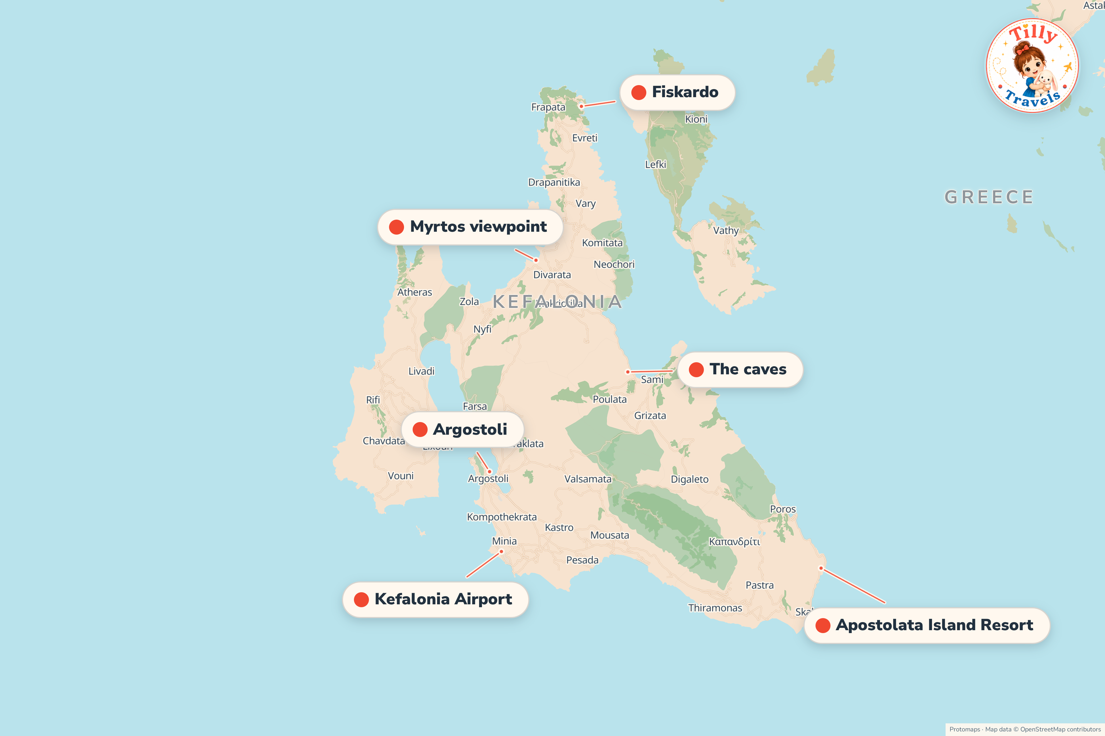 Map of the area around Apostolata Island Resort, showing the resort, the nearest airport and the main family days out