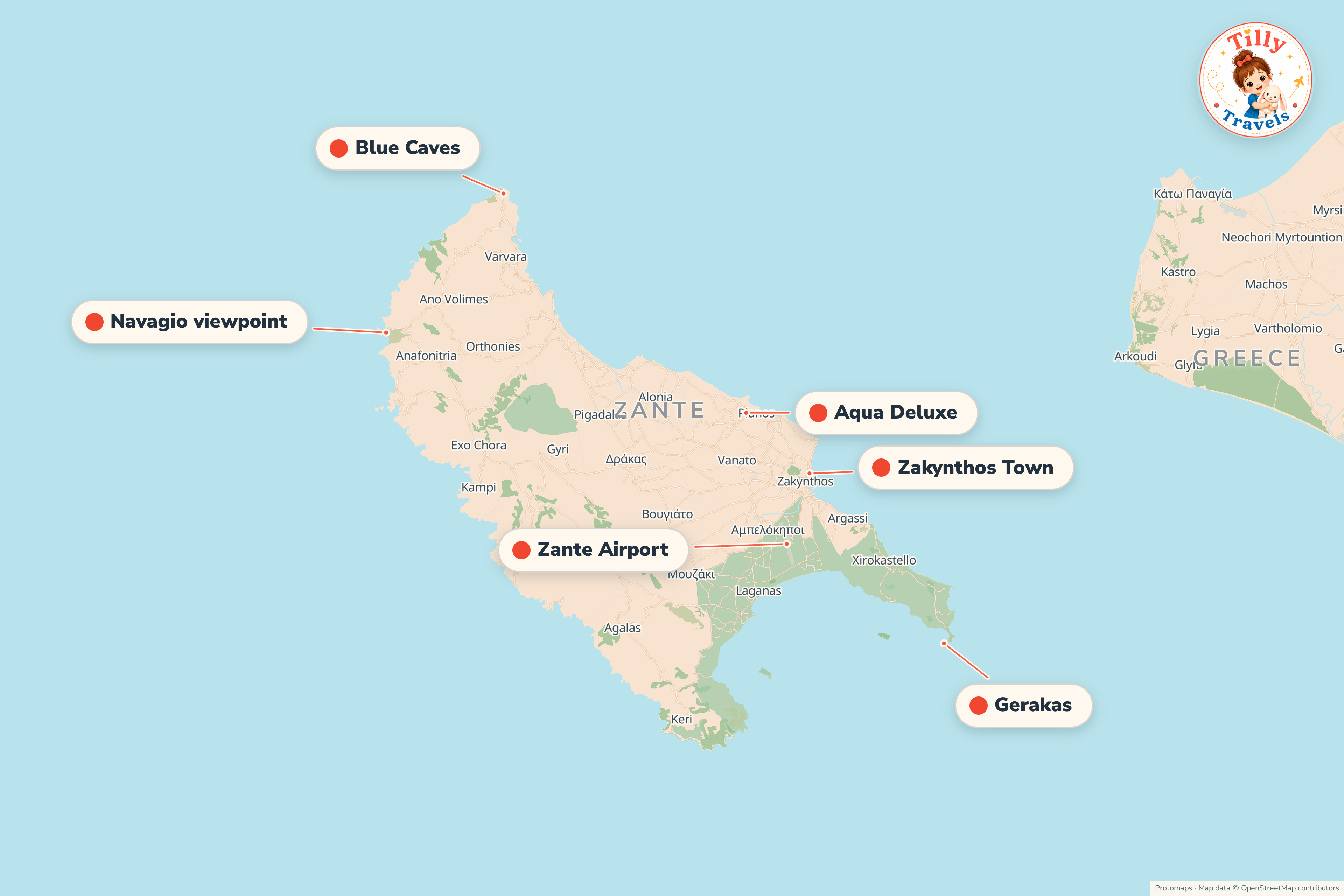 Map of the area around Aqua Deluxe, showing the resort, the nearest airport and the main family days out
