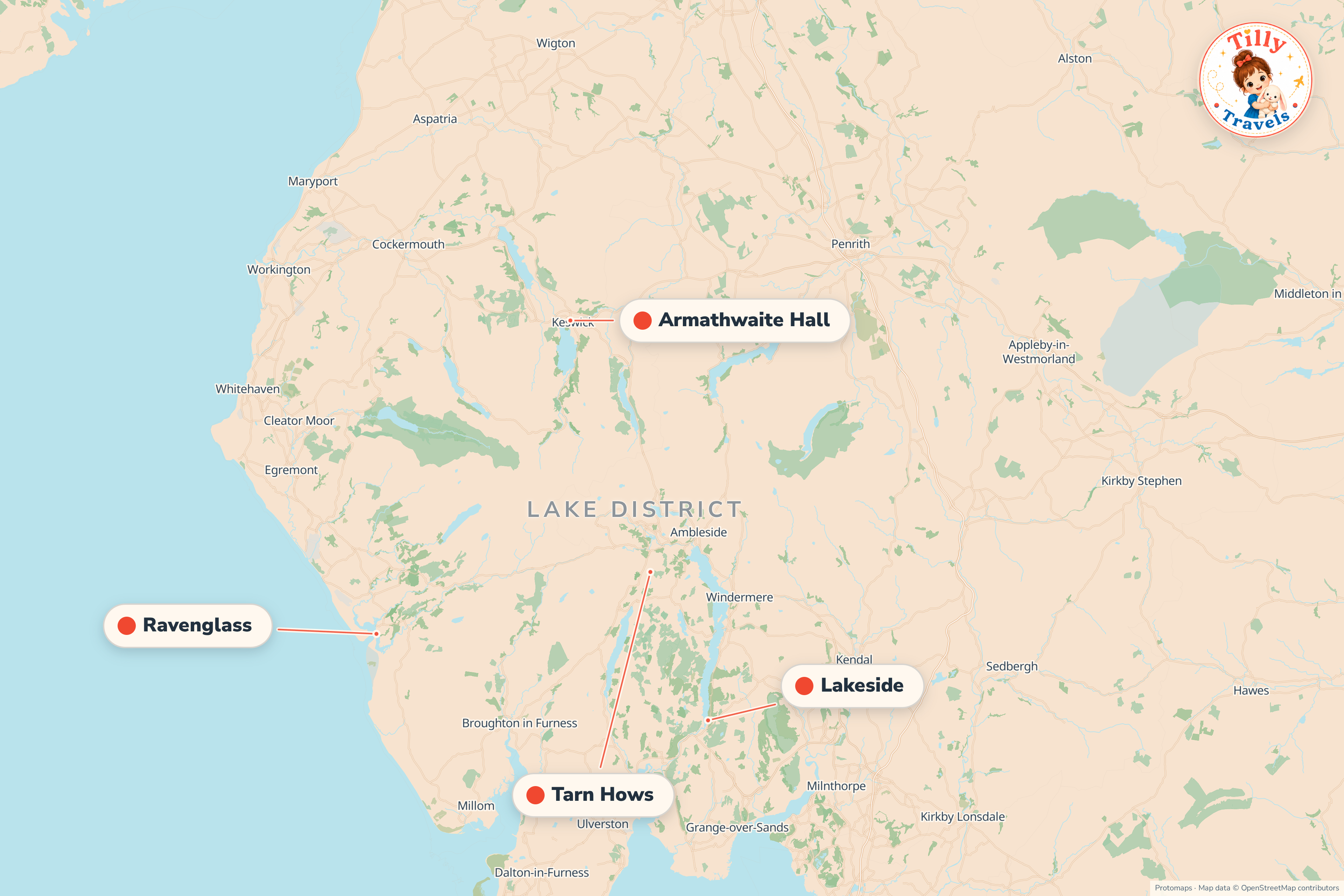Map of the area around Armathwaite Hall, showing the resort, the nearest airport and the main family days out