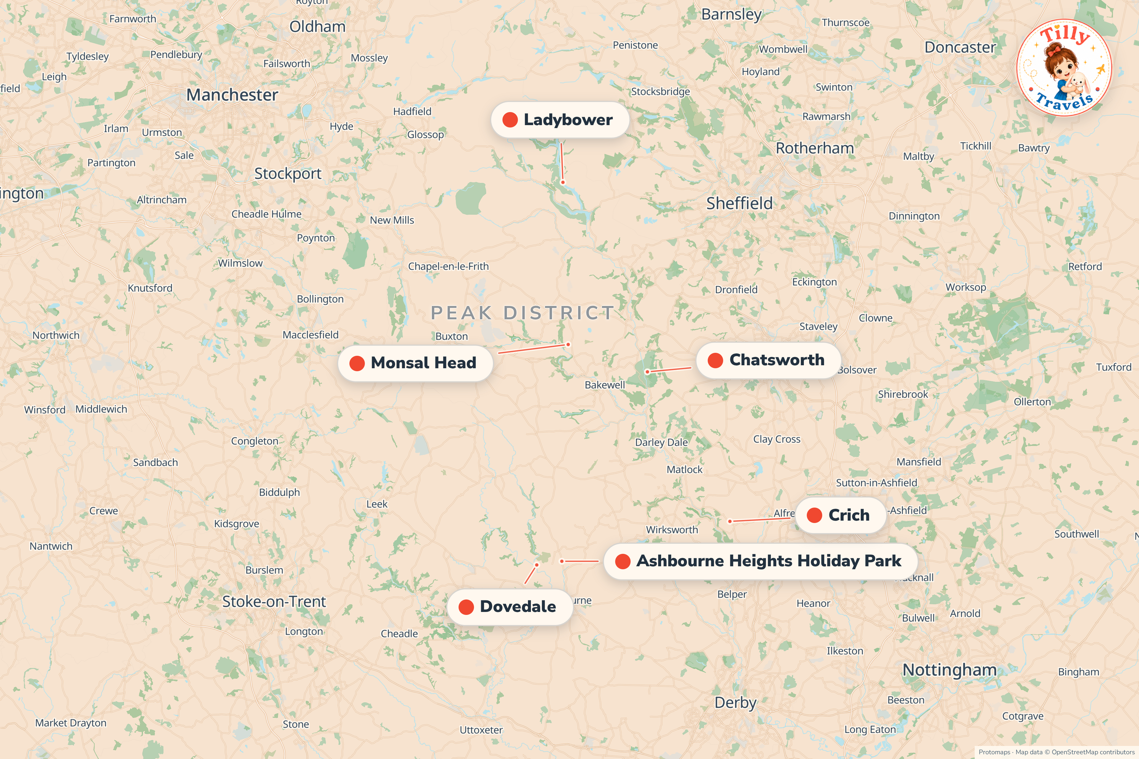 Map of the area around Ashbourne Heights Holiday Park, showing the resort, the nearest airport and the main family days out