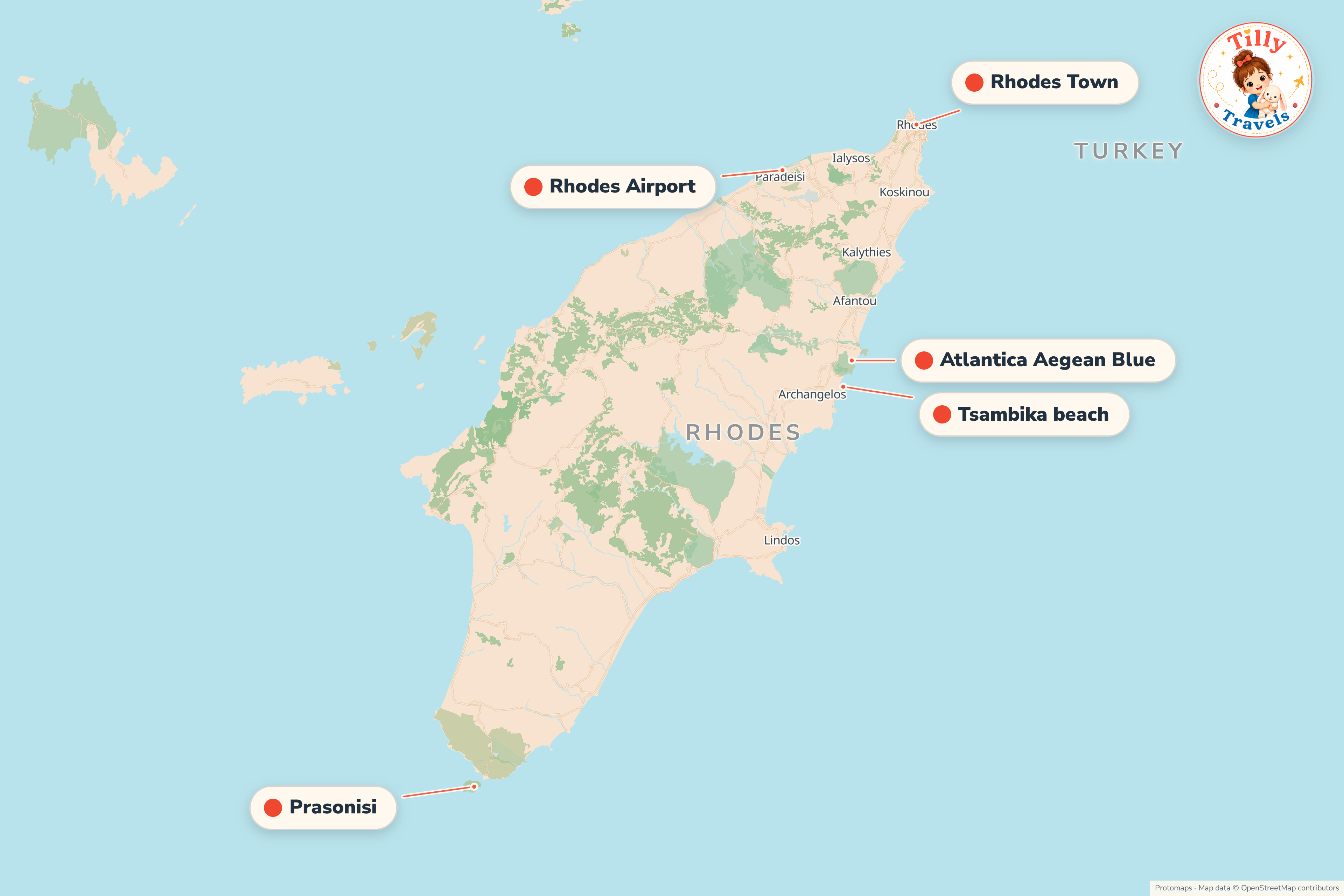 Map of the area around Atlantica Aegean Blue, showing the resort, the nearest airport and the main family days out
