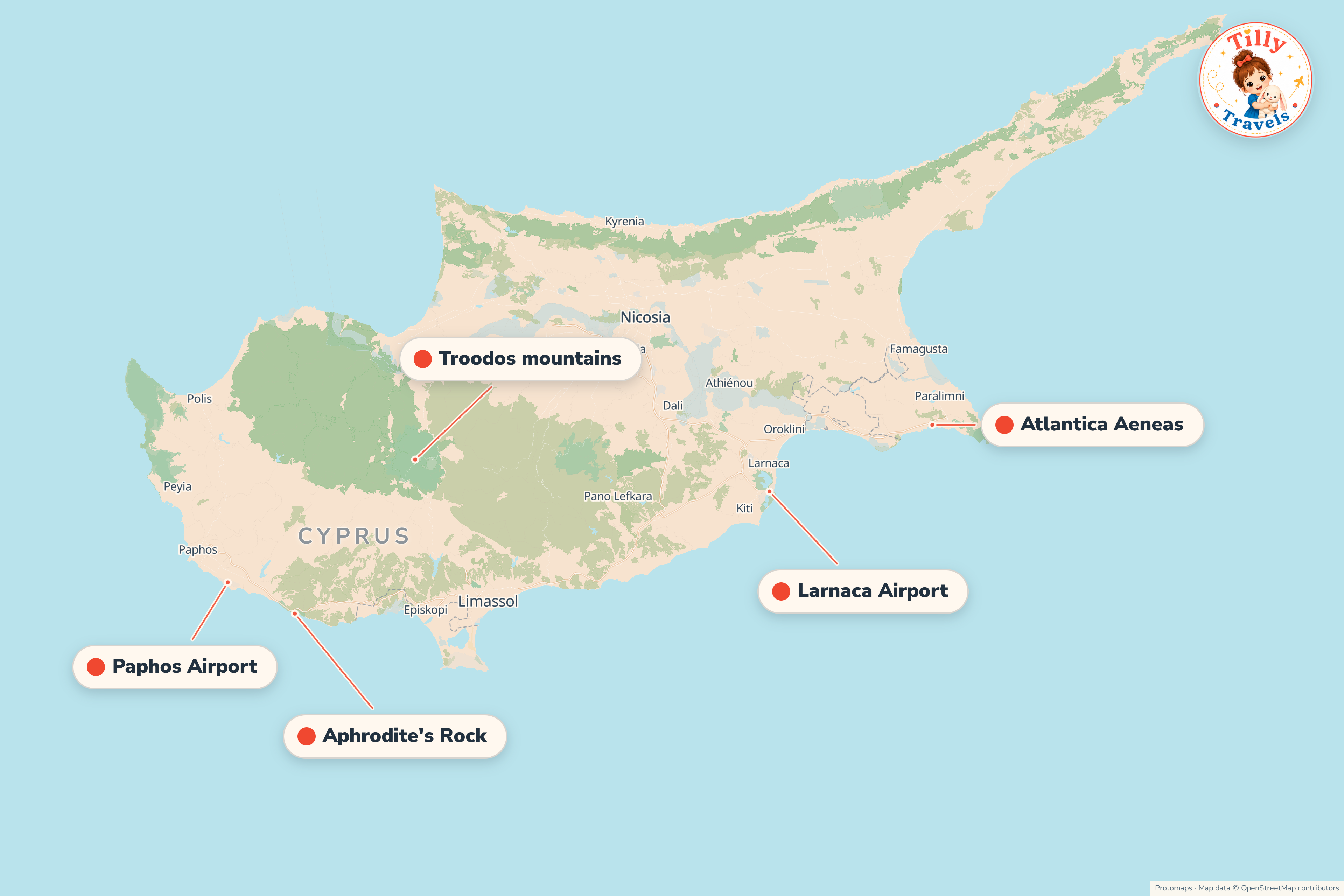 Map of the area around Atlantica Aeneas, showing the resort, the nearest airport and the main family days out