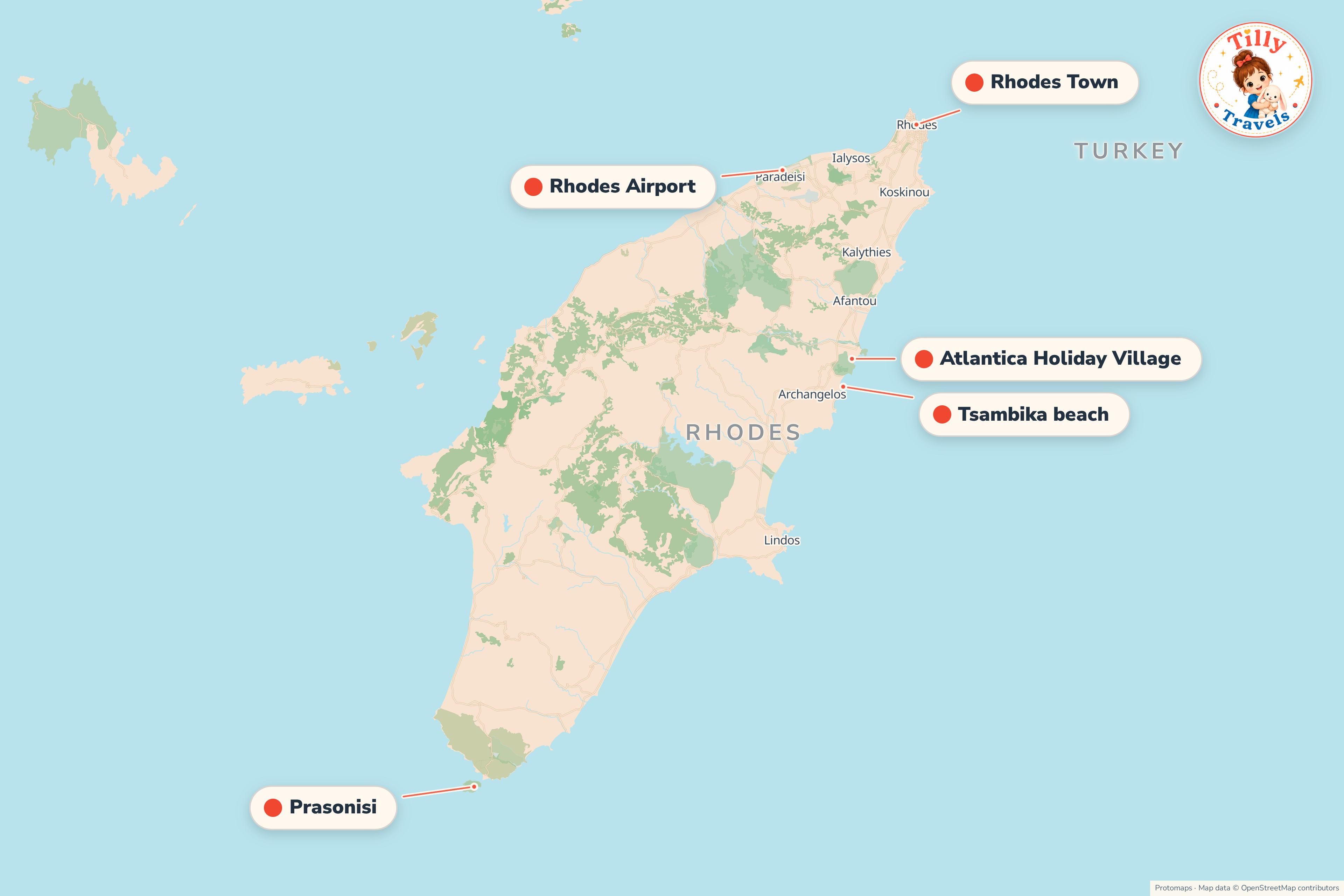 Map of the area around Atlantica Holiday Village, showing the resort, the nearest airport and the main family days out