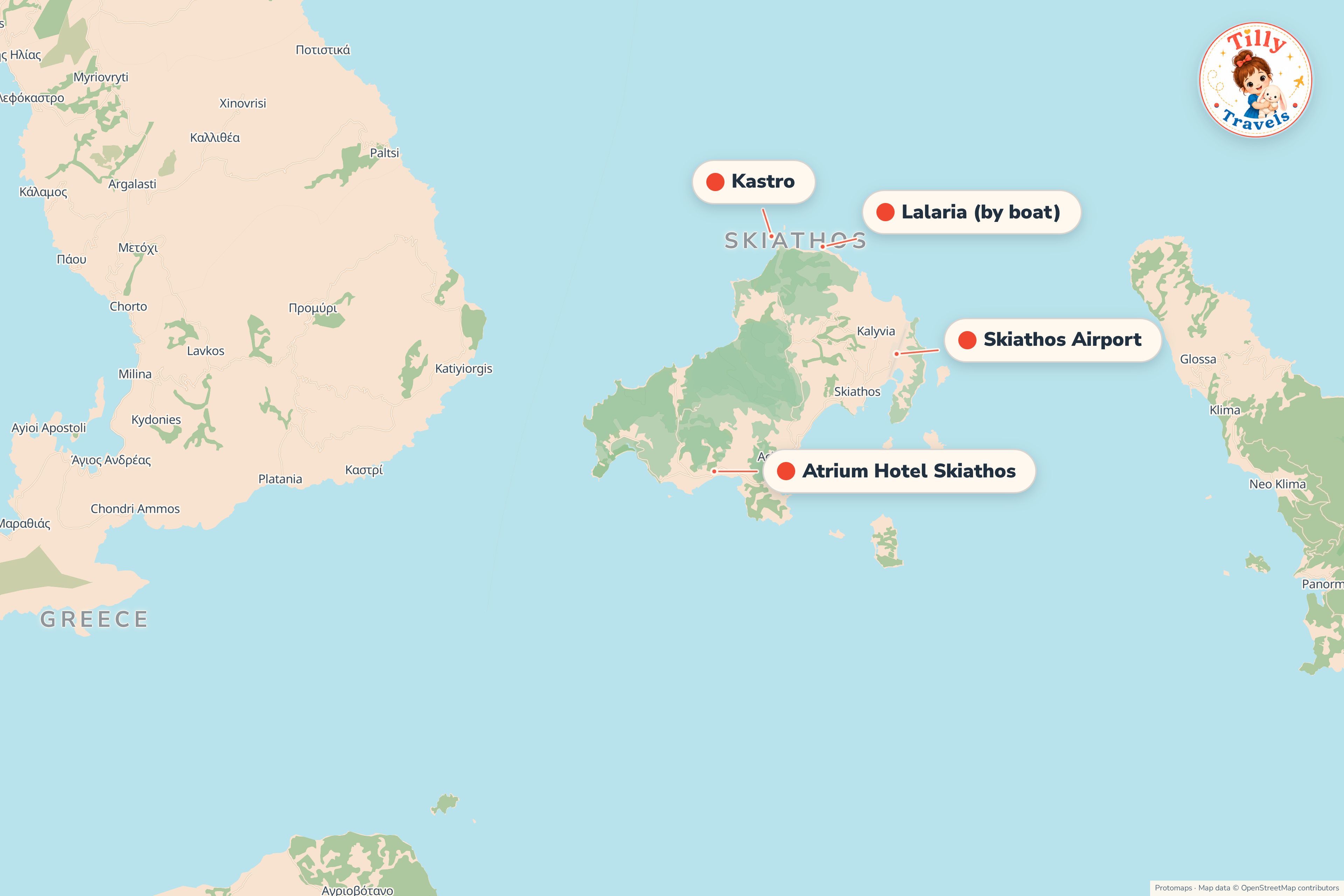 Map of the area around Atrium Hotel Skiathos, showing the resort, the nearest airport and the main family days out