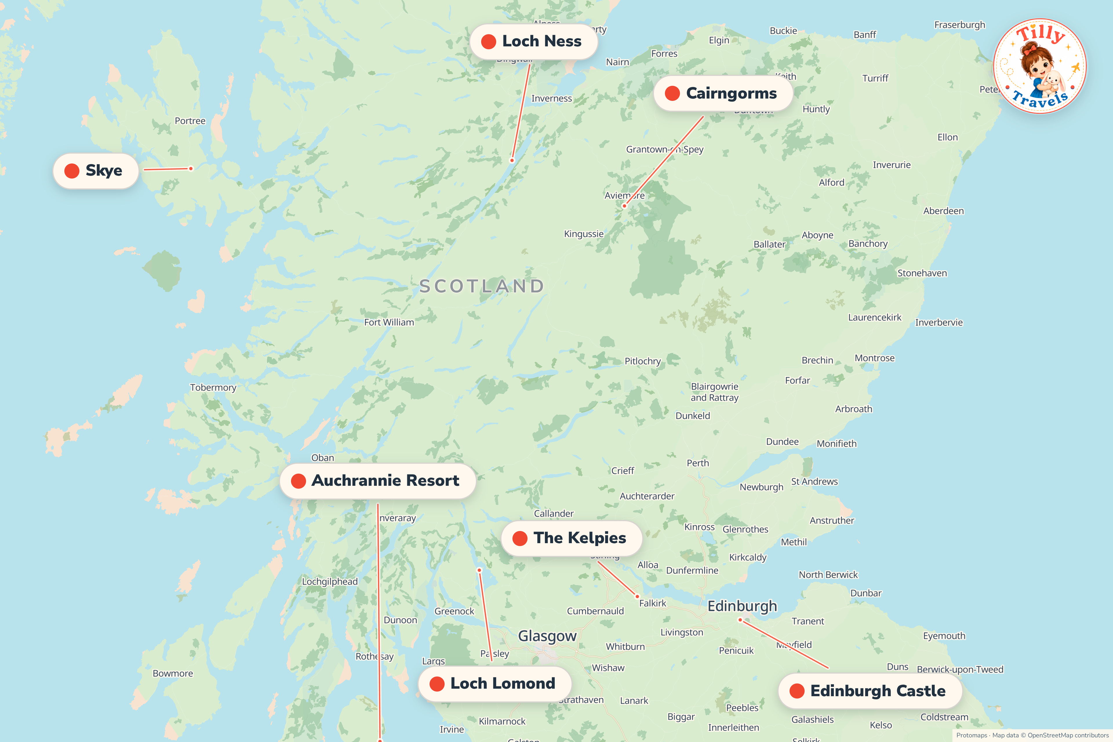 Map of the area around Auchrannie Resort, showing the resort, the nearest airport and the main family days out