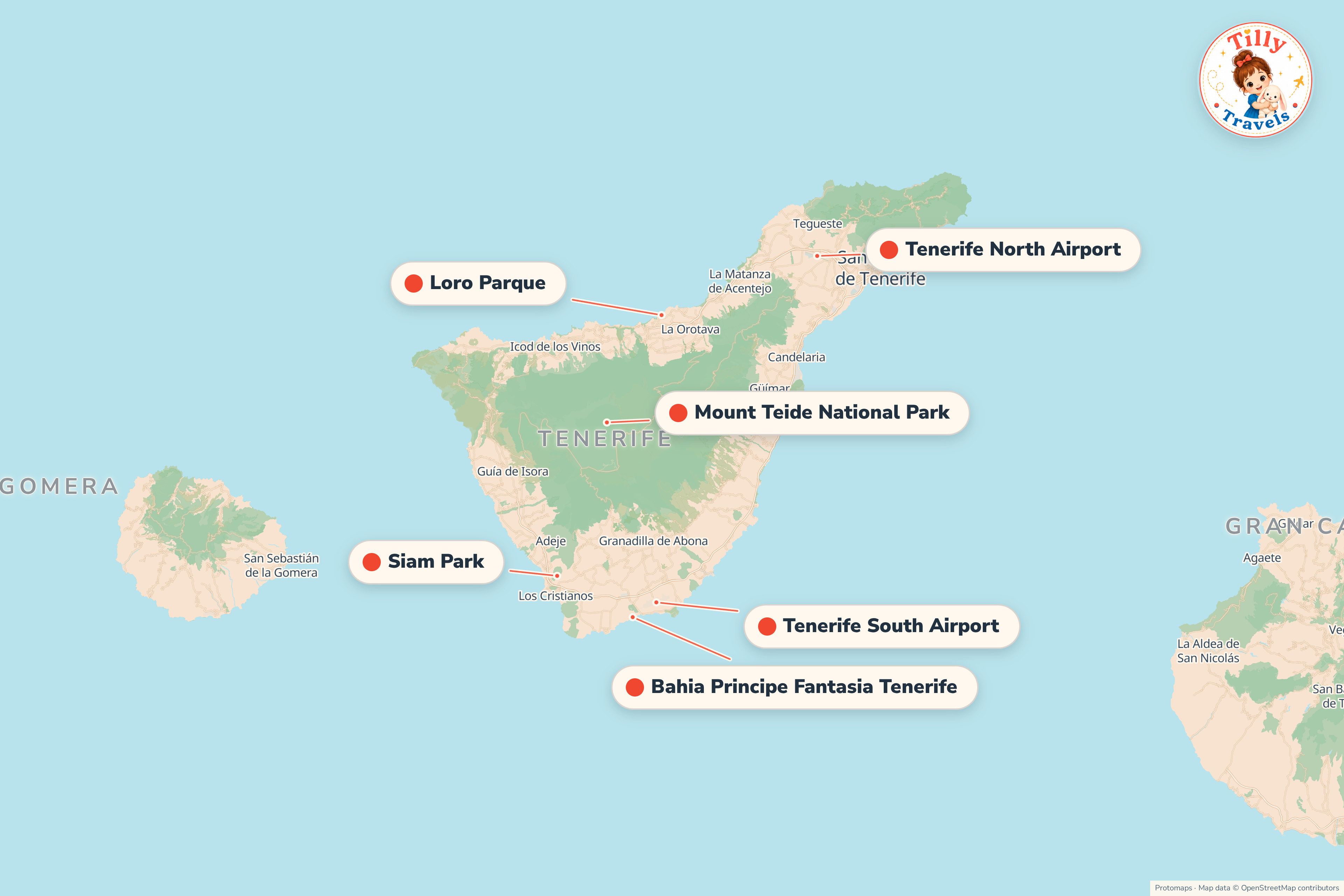 Map of the area around Bahia Principe Fantasia Tenerife, showing the resort, the nearest airport and the main family days out