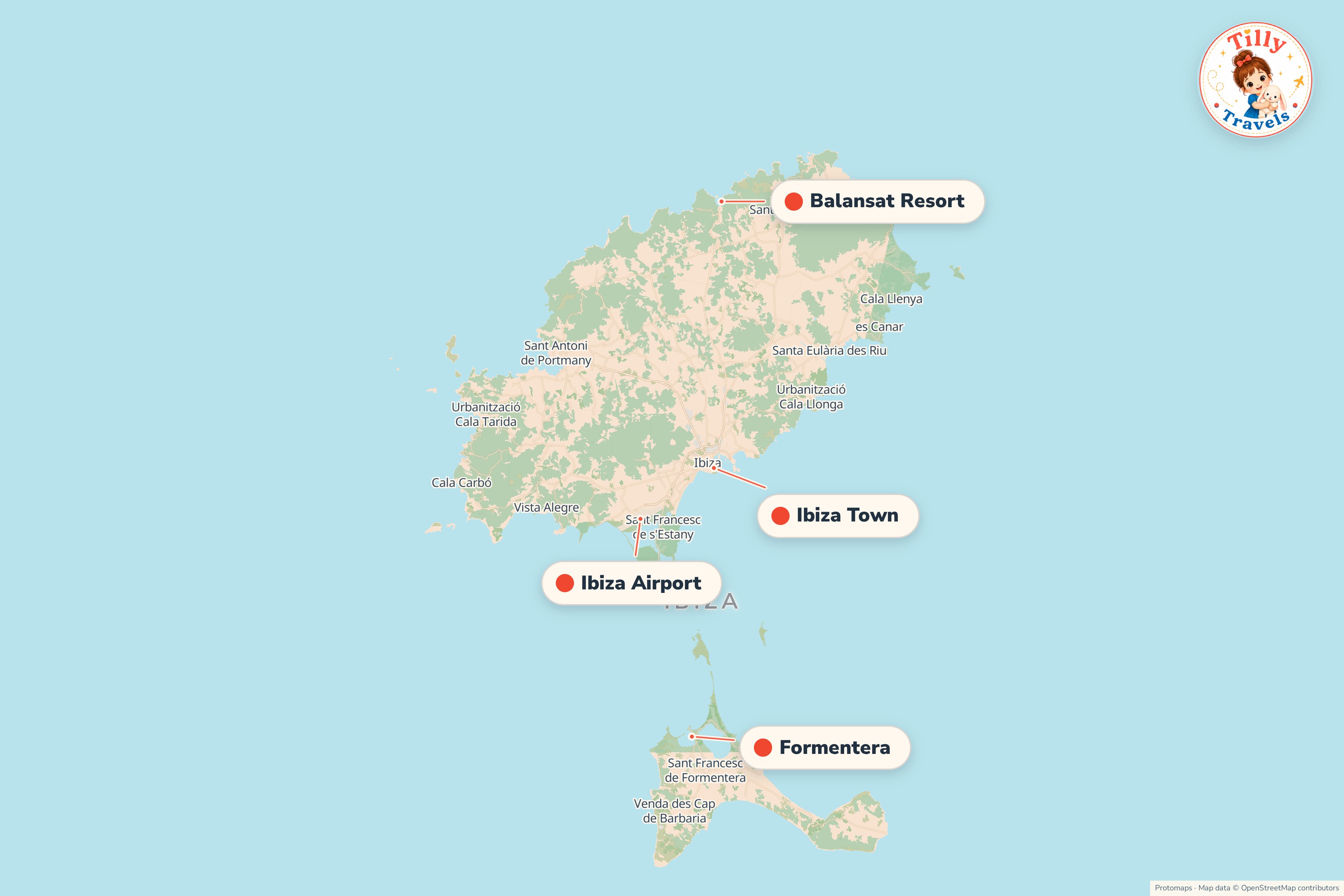 Map of the area around Balansat Resort, showing the resort, the nearest airport and the main family days out