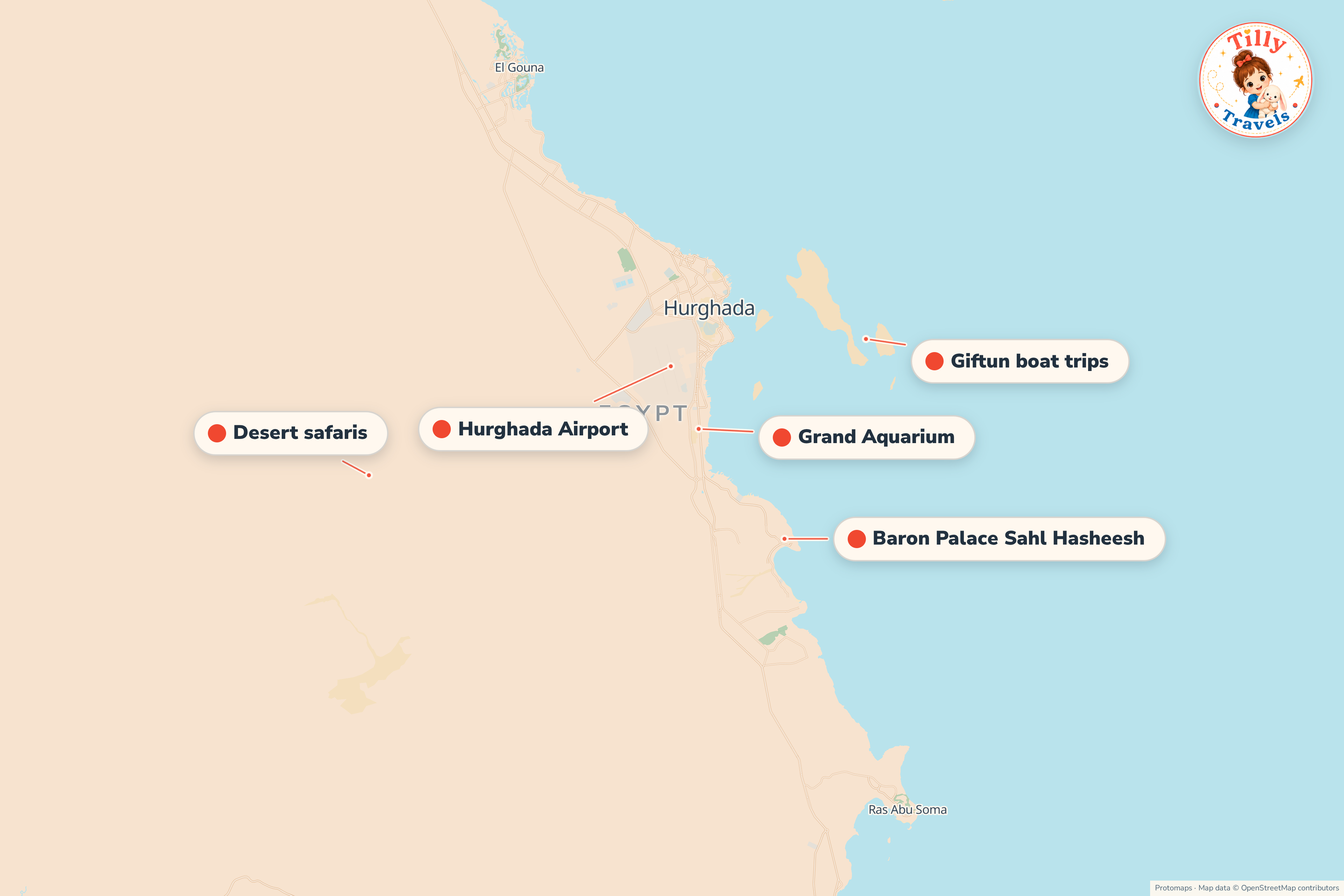 Map of the area around Baron Palace Sahl Hasheesh, showing the resort, the nearest airport and the main family days out